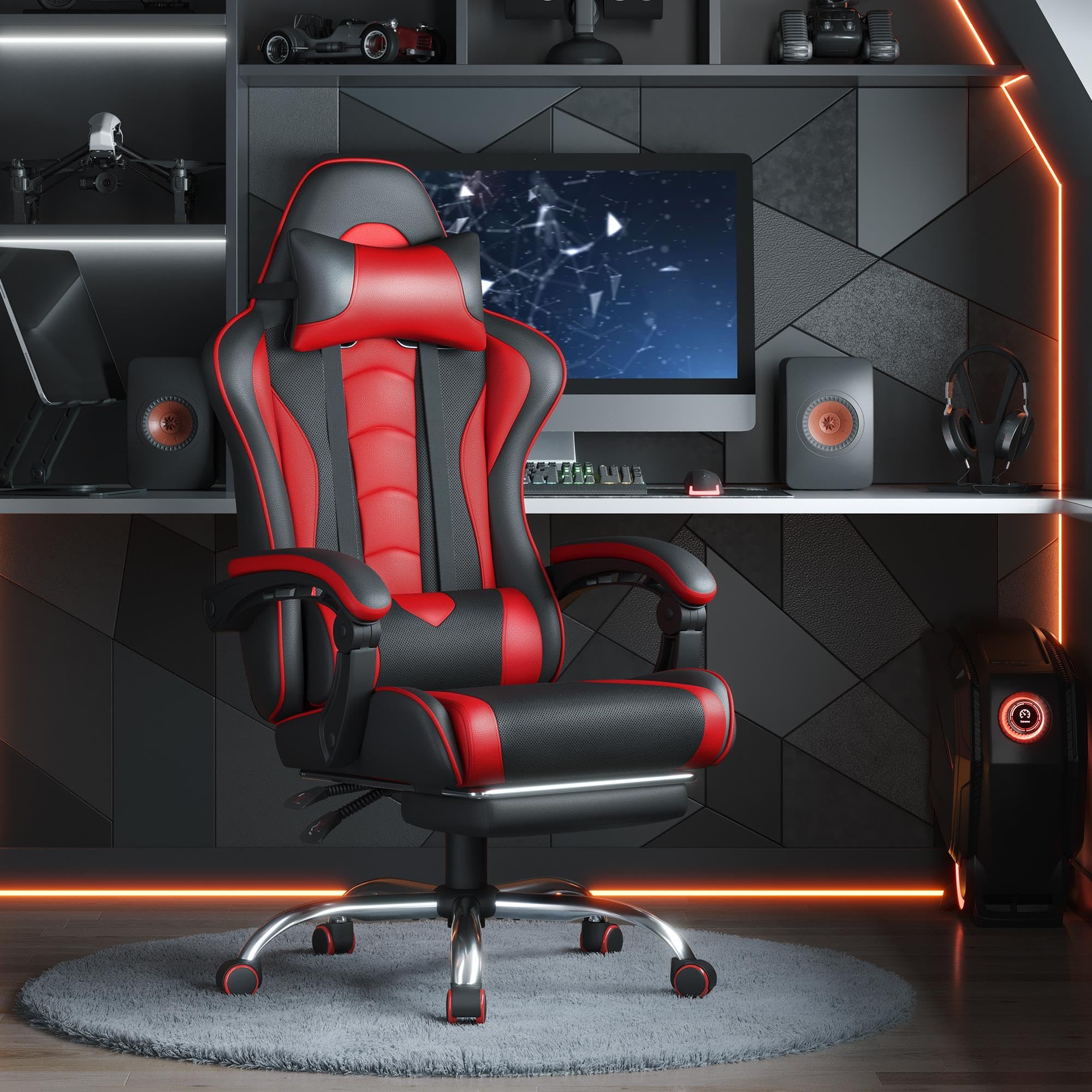Yaheetech Gaming Chair with Electric Massage Lumbar Support, Footrest & Headrest — Ergonomic High Back Recliner for Home Office, Computer Desk Chair, Height Adjustable, 300 lbs, Black/White