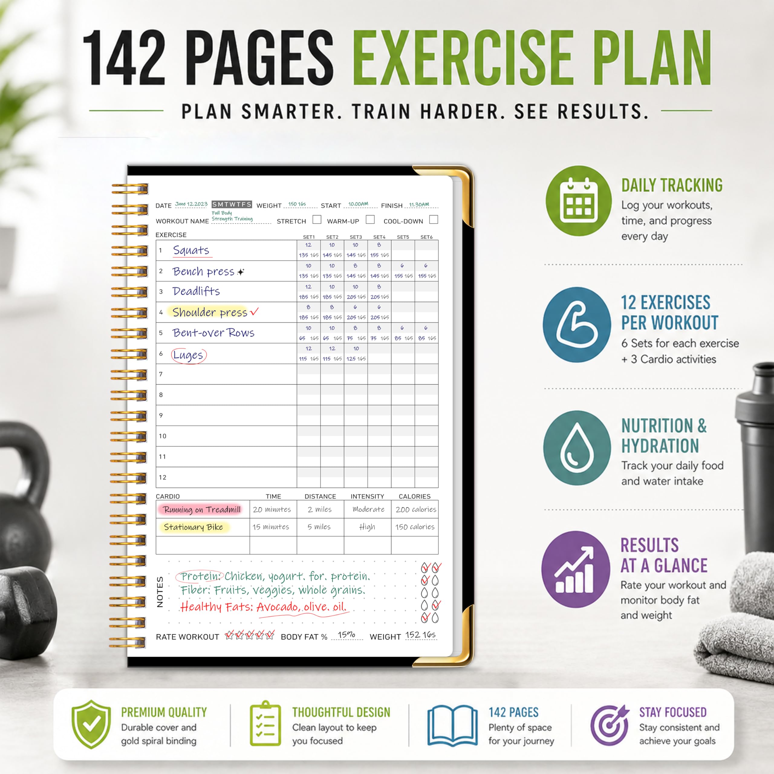 Workout Journal Fitness Tracker Planner for Men & Women, Exercise Log Book to Track Gym & Home Training, Goals, Sets, Reps & Progress, 142 Pages, A5 5.7" x 8.2" Portable Hardcover with Metal Corners, Green