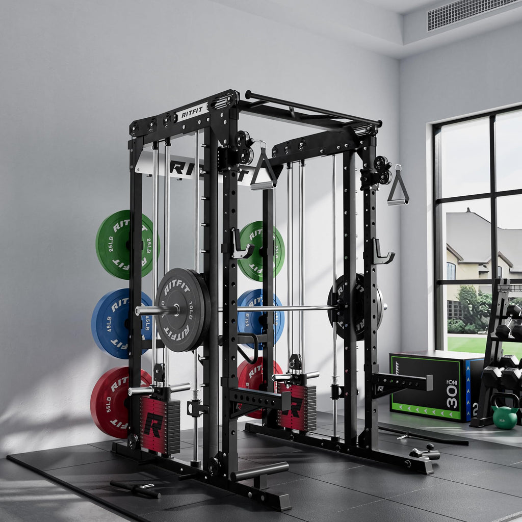 RitFit M2 3D Smith Machine & 286.6LB Built-in Weight Stack with Cable Crossover System, All in One Functional Trainer & Power Cage, 16 Adjustment Holes, 6 Storage Pegs for Full-Body Home Gym