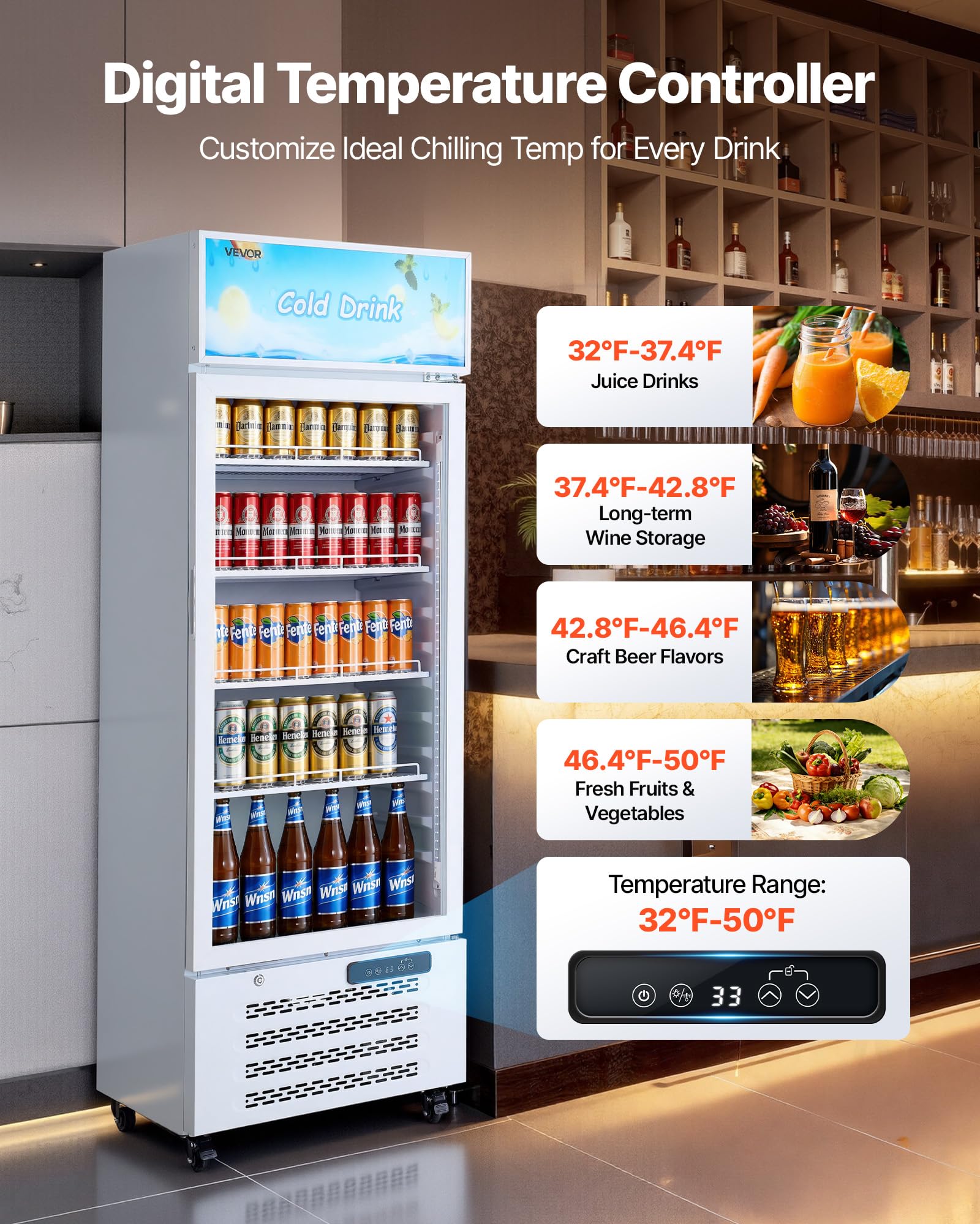 VEVOR Commercial Merchandiser Refrigerator, 6.9 Cu.Ft / 195L Glass Door Display Refrigerator, Upright Beverage Cooler Fridge with 4 Adjustable Shelves, Soft LED Light & Casters for Homes Shops Bars