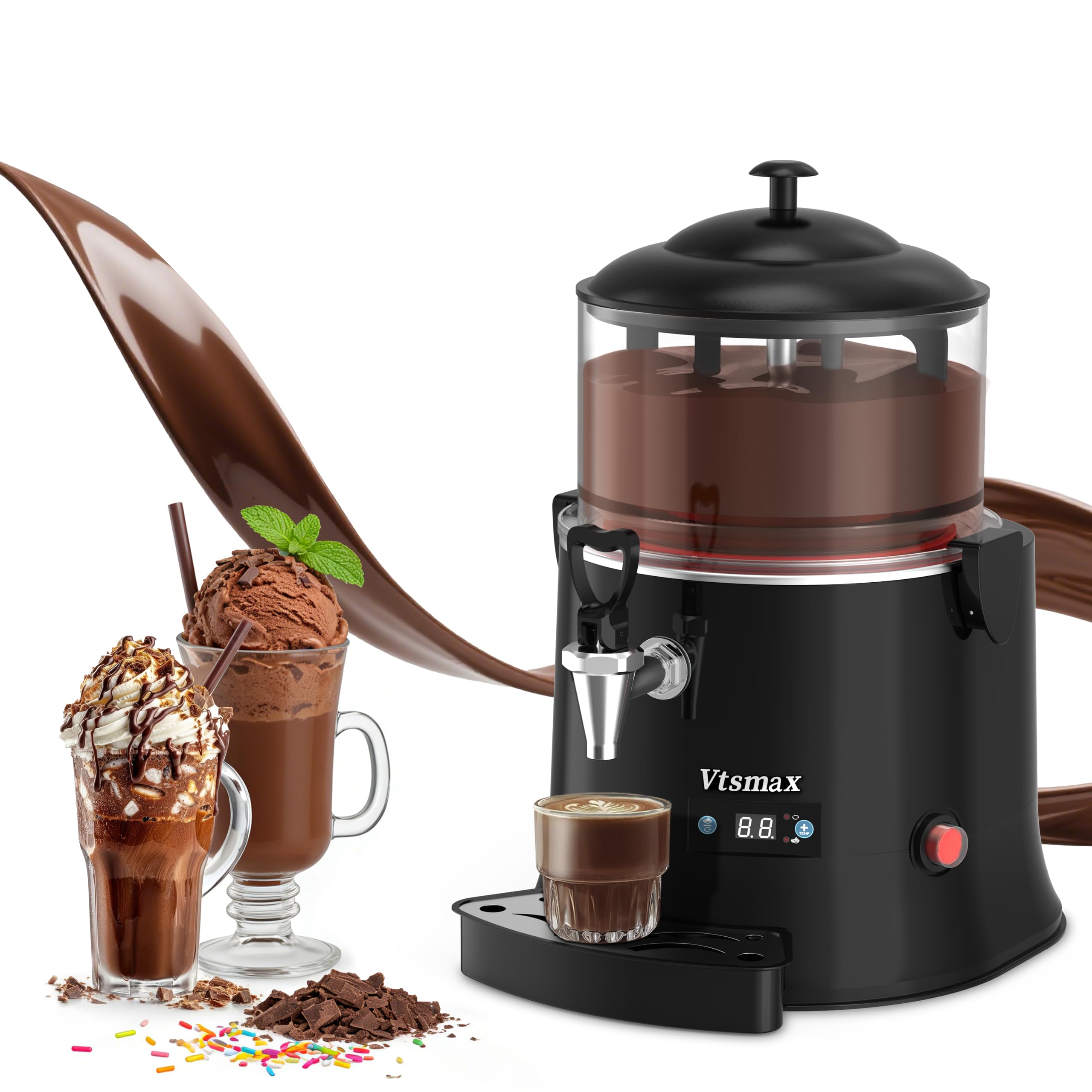 10L/2.6Gal Hot Chocolate Machine, Commercial Hot Drink Dispenser, 86–194°F Temperature Control Beverage Warmer with Stainless Steel Spout, Removable PC Bowl for Cocoa, Milk, Coffee, Red