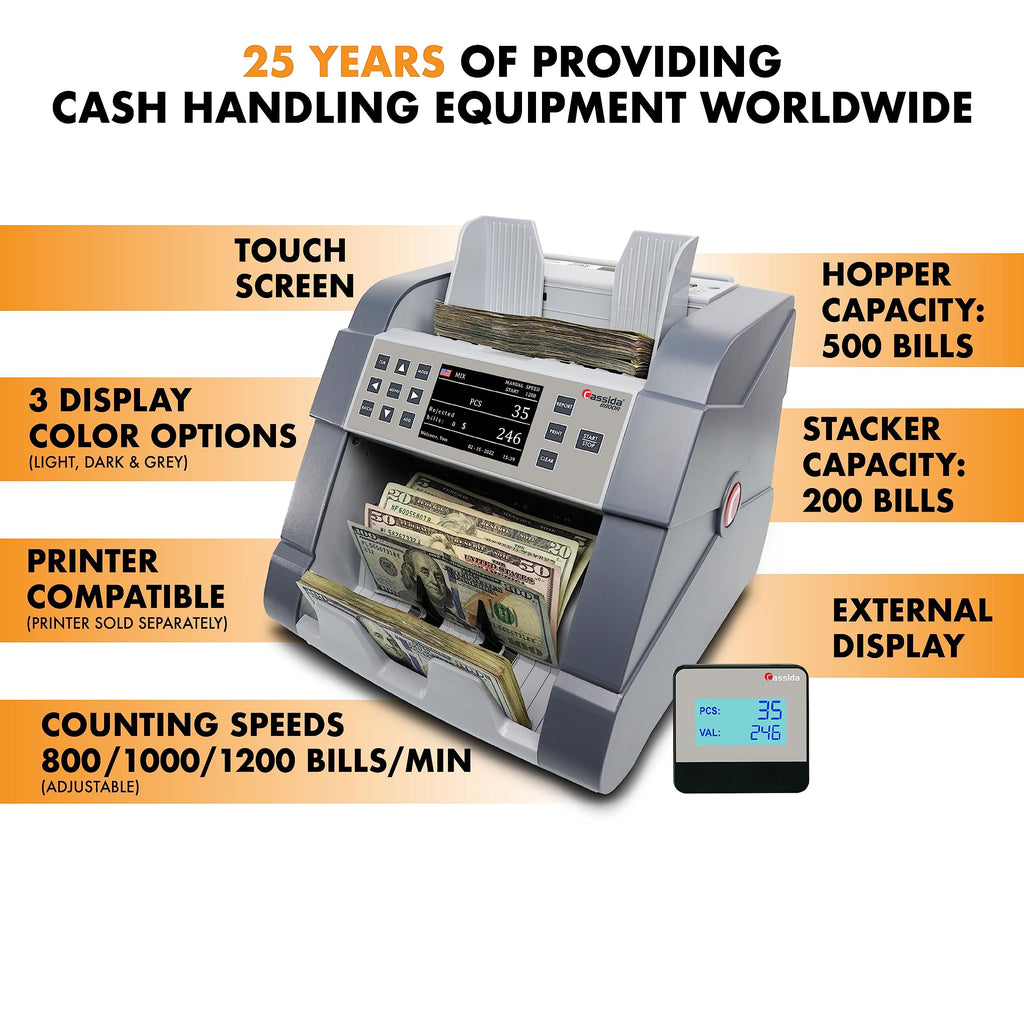 Cassida 9900R V2 2-Pocket Premium Bank Grade Money Counter Machine Mixed Denomination, Bill Sorter, Value Counting, Printer Enabled, 2 CIS, UV/MG, IR/IT Counterfeit Detection with Built-in Printer