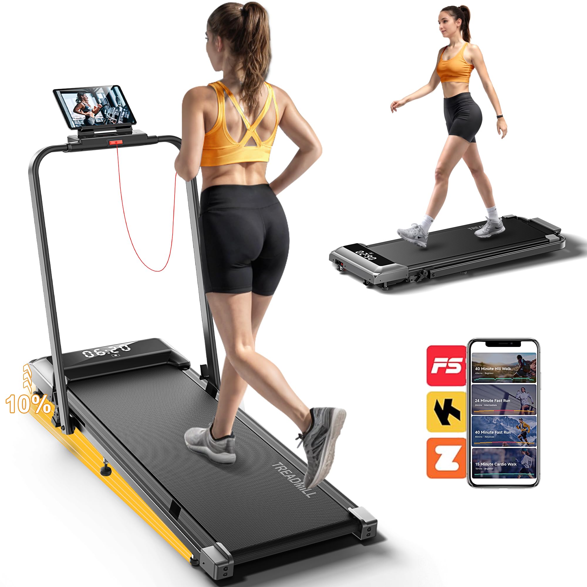 Acezoe Walking Pad Treadmill with Incline, 2 in 1 Foldable Treadmills for Home Small Office, 300lbs Portable Compact Under Desk Treadmill with App, Remote Control and LED Display