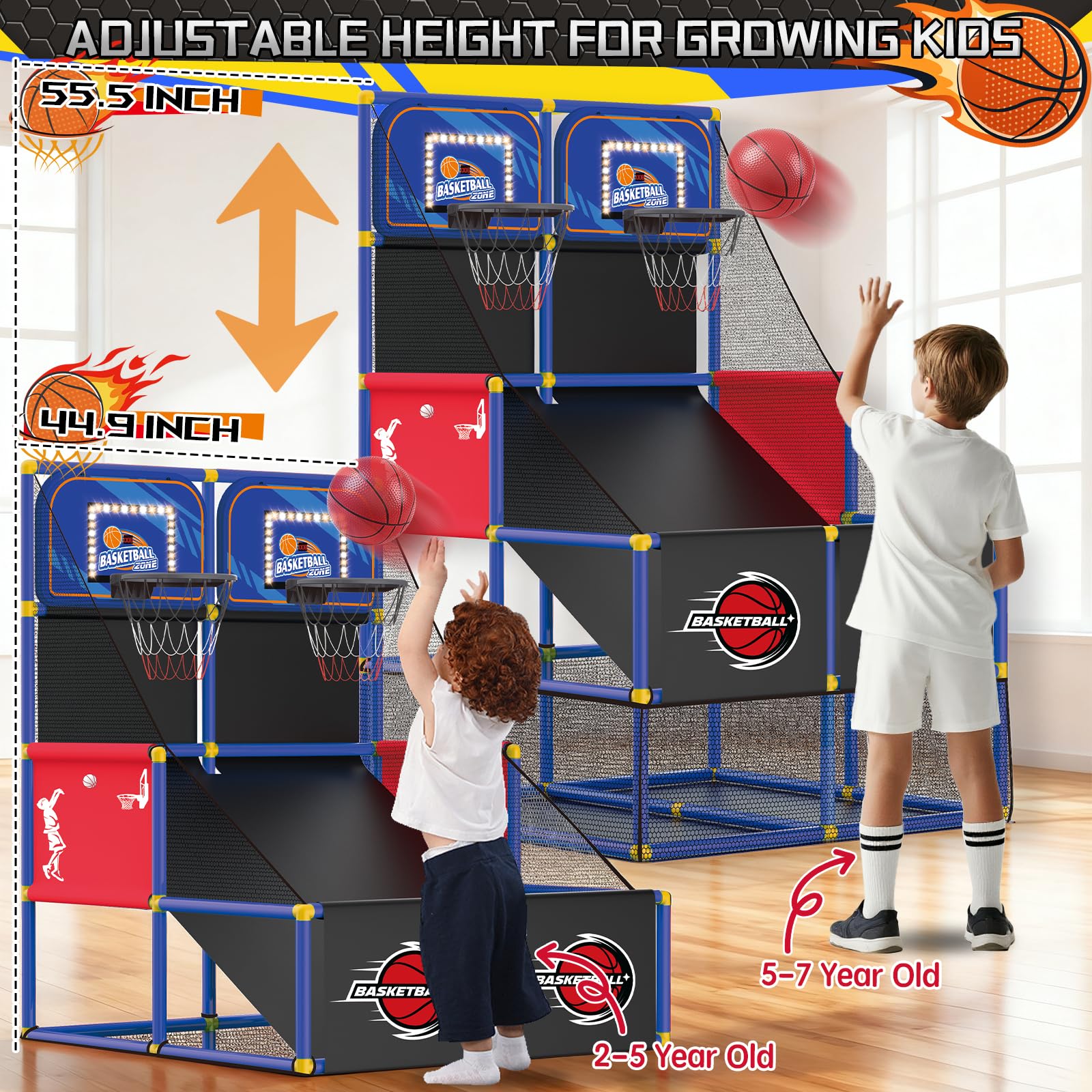 Upgrade Dual Basketball Arcade Game Kids Basketball Hoop with Electronic Scoreboard LED Light 6 Balls Indoor Outdoor Sports Toys Gifts for Boys Girls Ages 3-8 (Red)