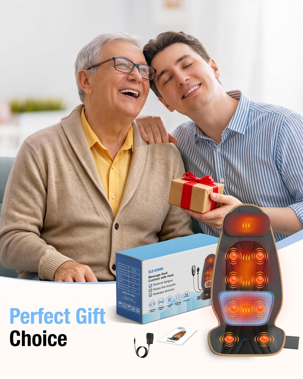 SLOTHMORE Massage Chair Pad, Back Massager for Chair, Massage Seat Cushion with 8 Vibration Motors, 2 Heat Levels for Neck/Back, Home & Office Use, Father Day Gifts