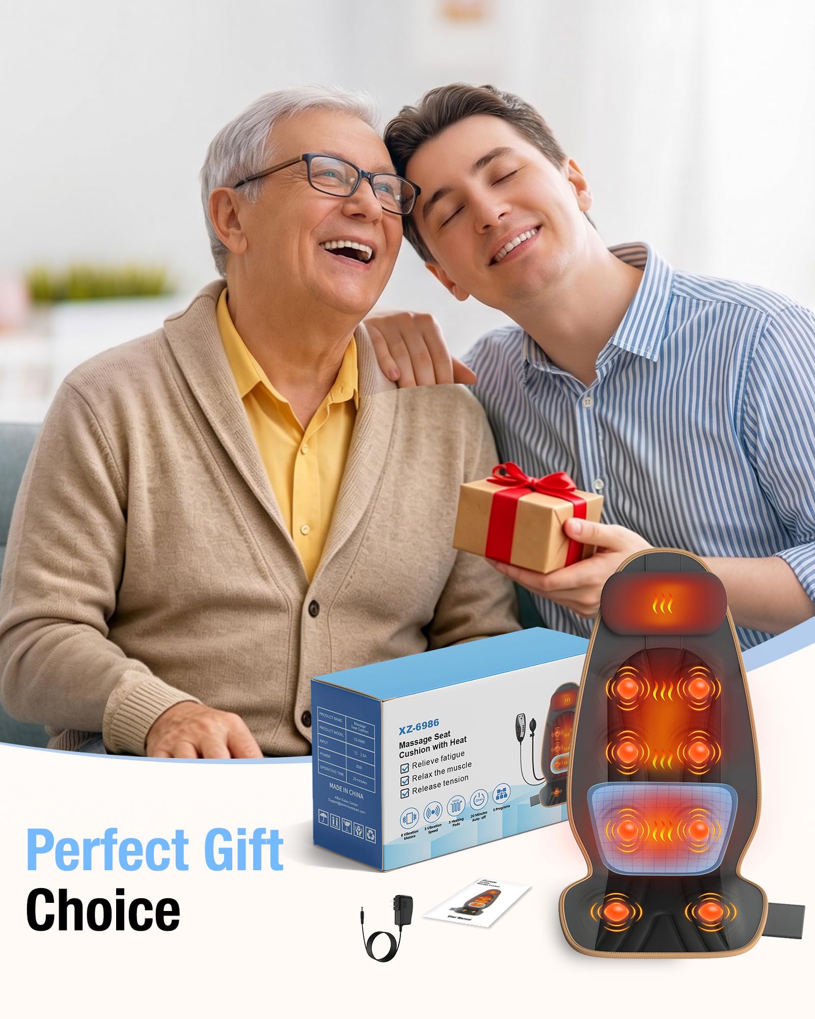 SLOTHMORE Massage Chair Pad, Back Massager for Chair, Massage Seat Cushion with 8 Vibration Motors, 2 Heat Levels for Neck/Back, Home & Office Use, Father Day Gifts