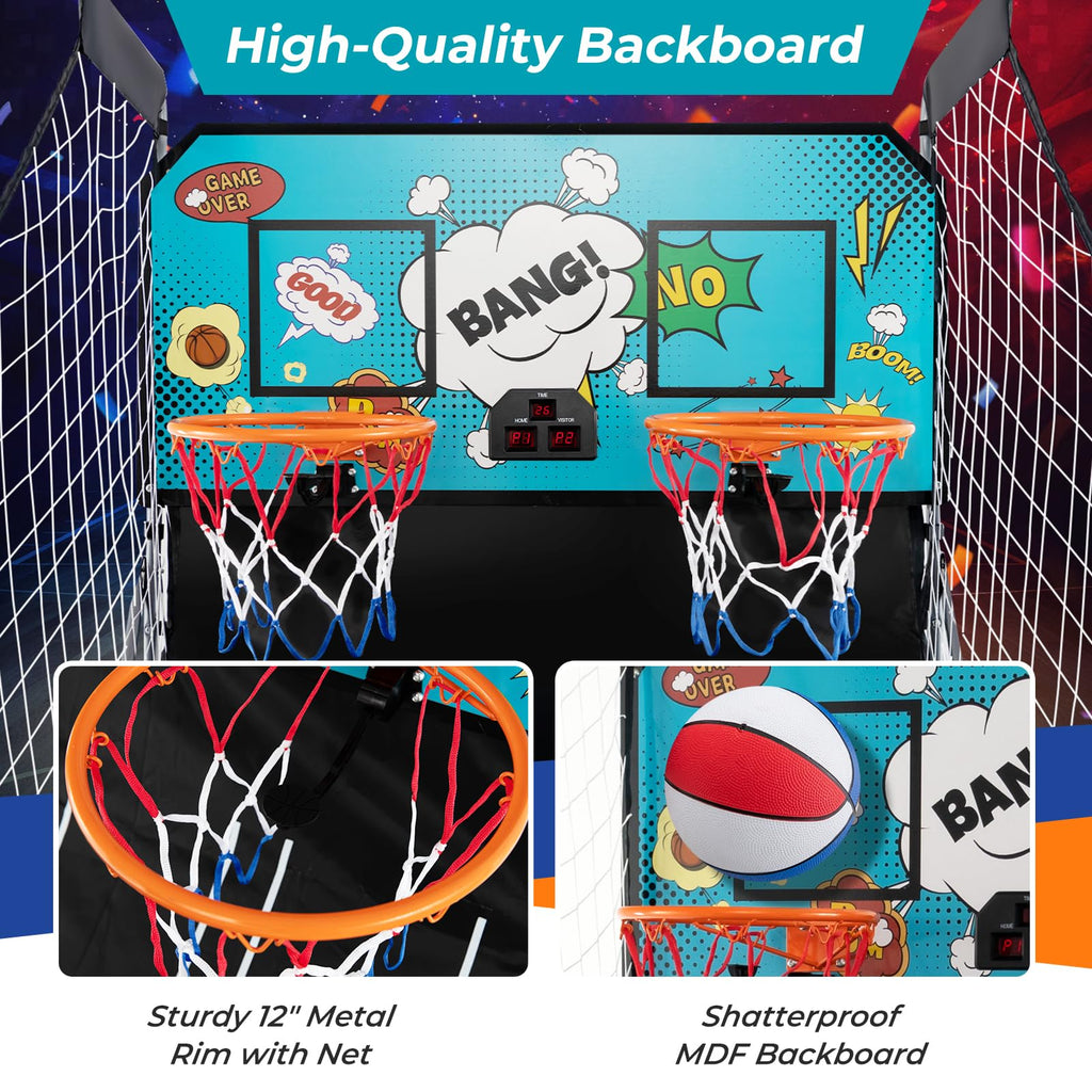 GYMAX Arcade Basketball Game Indoor Foldable with 8 Game Modes, Arcade Sound, 4 Balls and Inflation Pump, Electronic Basketball Games for Home
