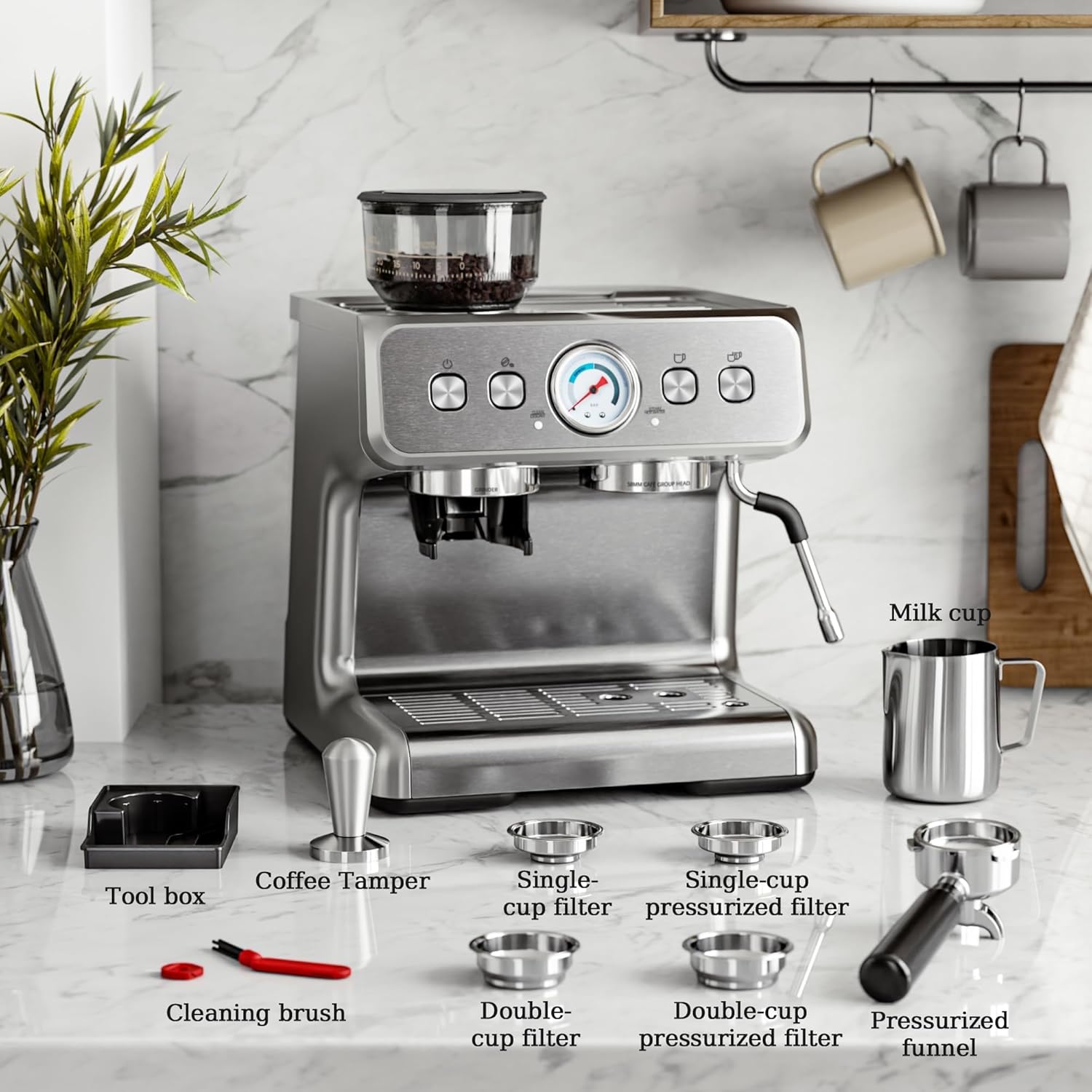 Kismile Espresso Machine with Grinder, 20 Bar Expresso Coffee Machines with Milk Frother, 58mm Expresso Machines for Home, Perfect for Cappuccino & Latte, Brushed Silver
