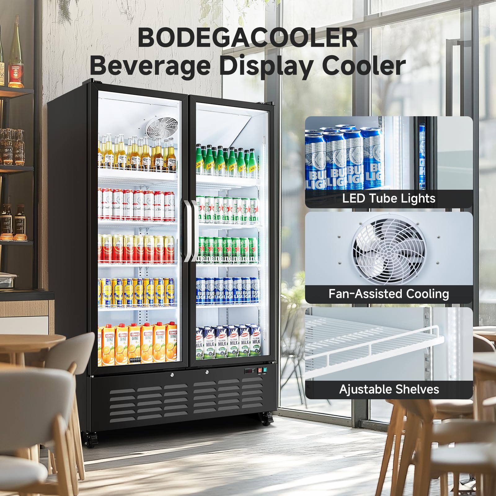 BODEGACOOLER Commercial Merchandiser Refrigerator, 27.02 Cu.Ft Double Glass Door Beverage Cooler, Upright Display Refrigerator with Soft LED Light, Adjustable Shelves, 4 Heavy-Duty Casters, Black