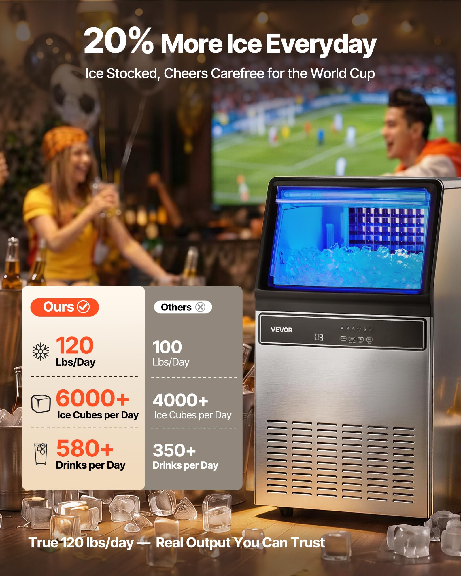 VEVOR Commercial Ice Maker Machine, 100 lbs/24h with 30-35 lbs Storage, Bullet Ice,Built-in/Freestanding/Under Counter, Stainless Steel Ice Maker with LED Display for Home Bar Restaurant