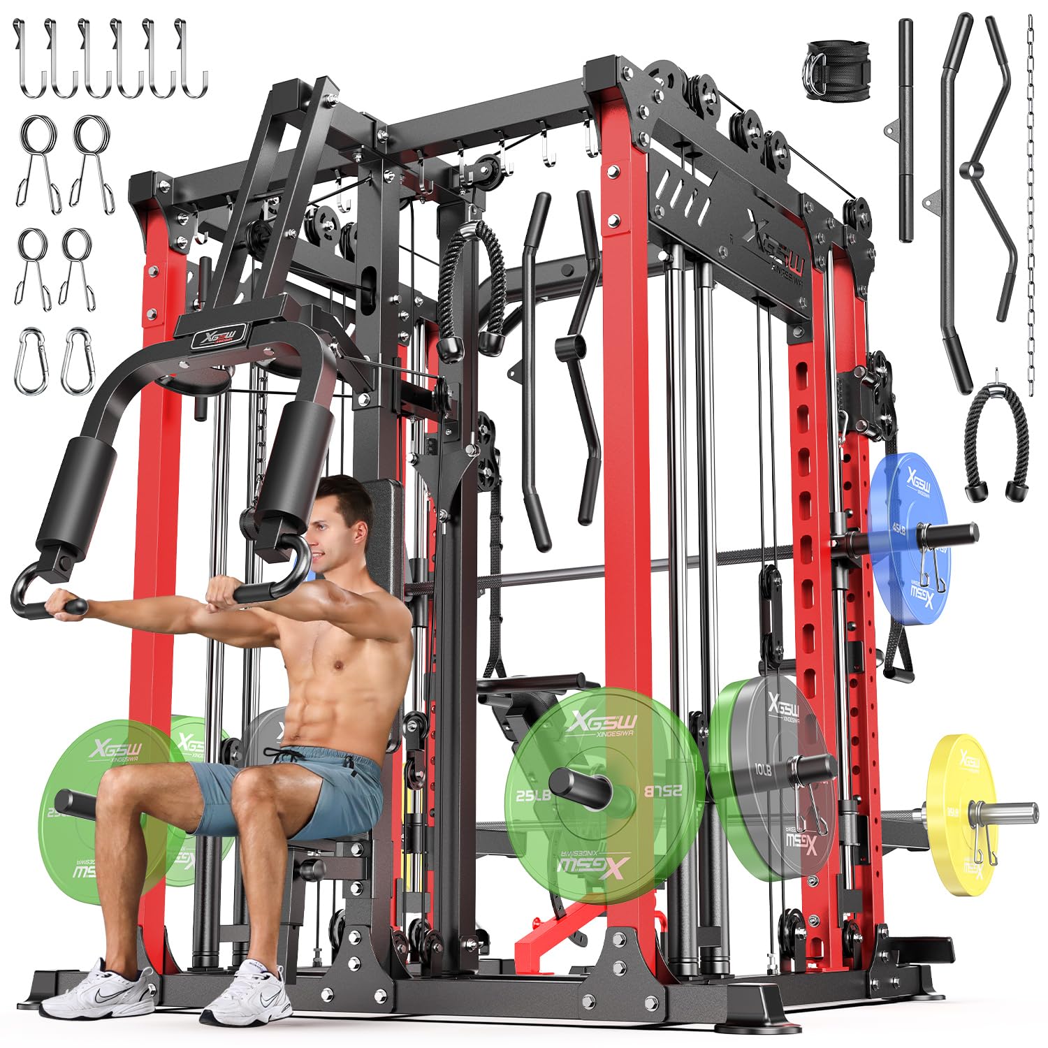 Smith Machine with Cable Crossover System, Multi-Function Power Cage Squat Rack for Home Gym, Power Rack and Packages Weight Sets.