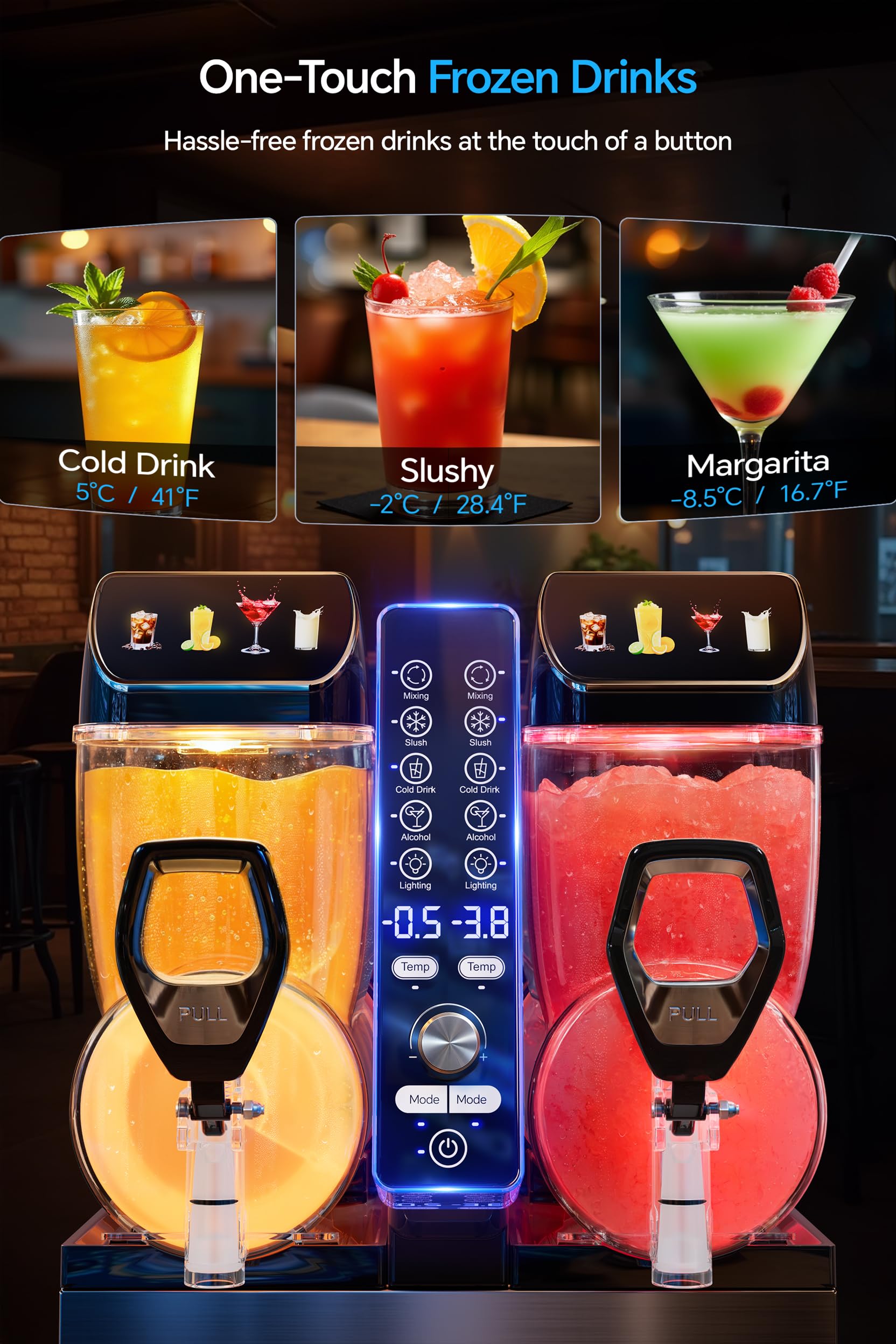 30L Commercial Slushie Machine, 2-Tank Frozen Drink Maker for Margarita Daiquiri Wine Frappe, 8 Gal LED Stand-up Slush Dispenser, Bar Restaurant Party, 1000W Fast Cool, Auto Clean, ETL Listed