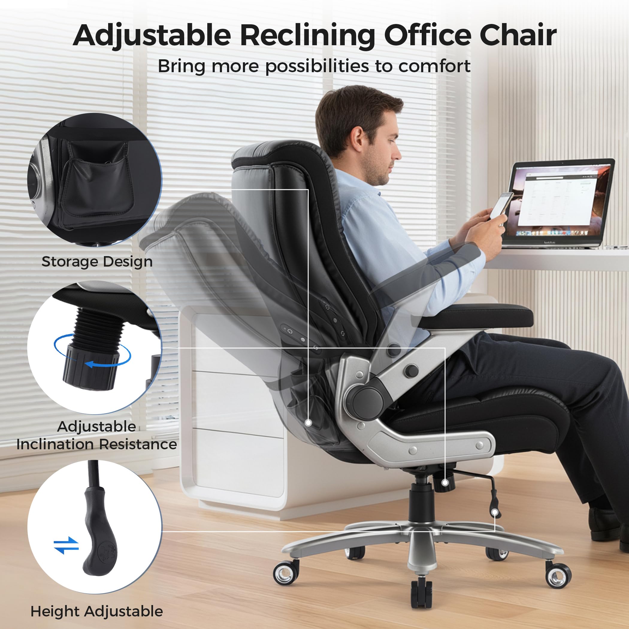 500lbs 3D Kneading Massage Office Chair with FootRest, Big and Tall Ergonomic Reclining Computer Gaming Chair, Padded Linkage Armrests, Heavy Duty Metal Base Executive Office Chair