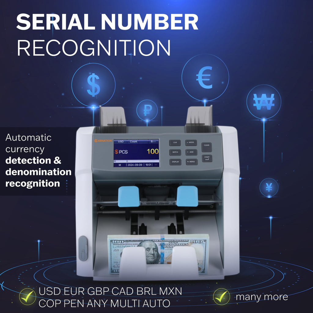 Carnation Money Counter Machine Cash Counting & Mixed Denomination Bill Counter, Portable Currency Detector, Counterfeit Bank Scanner, Dollar Sorter for Commercial, 1100 N/M, UV/MG/MT/IR/2CIS