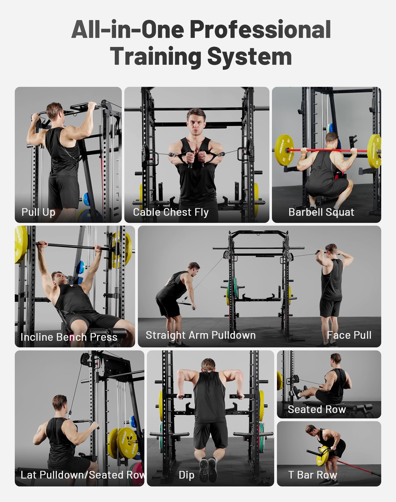 Mikolo M4 2.0 Smith Machine, 2200lbs Squat Rack with LAT-Pull Down System & Cable Crossover Machine, Training Equipment with Leg Hold-Down Attachment