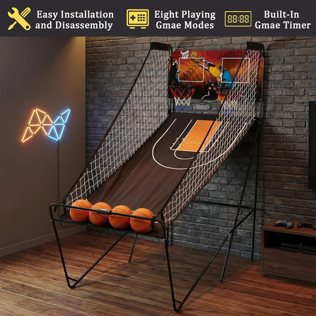 Foldable Dual Shot Basketball Arcade Game for Game Room | Folding 2 Player Indoor Basketball Shooting Game with 4 Balls, Dual Hoops, Inflation Pump, Electronic Scoreboard, 8 Game Modes
