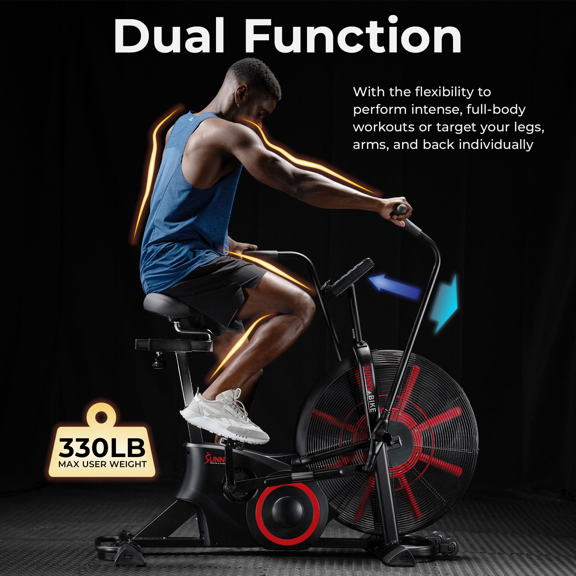 Sunny Health & Fitness Smart Fan Bike for Home Gym, Full Body HIIT & Interval Cardio Training with Air Resistance, Customizable Performance Monitor & Free SunnyFit App Connectivity – SF-B223018