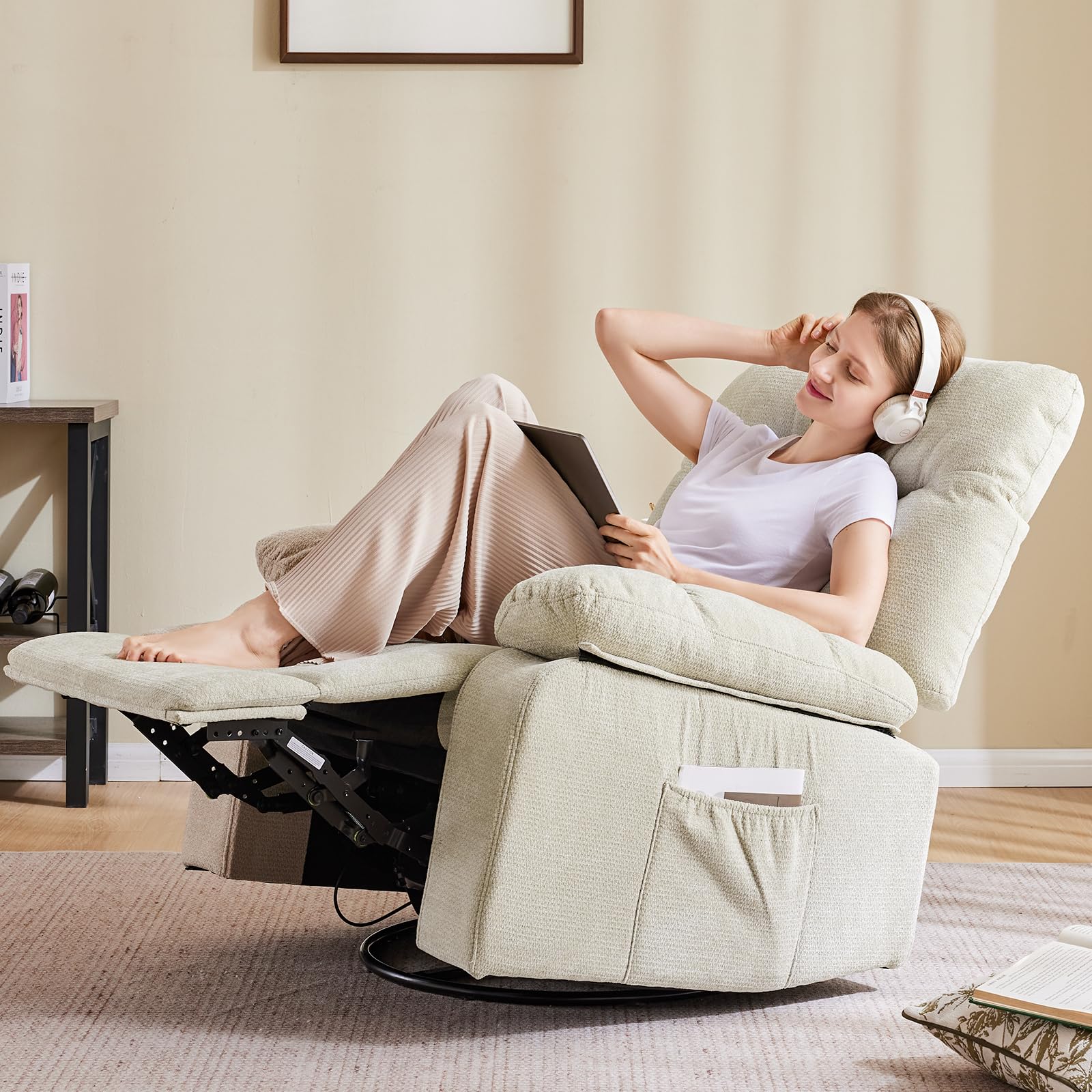DUMOS Rocker Recliner Chair, Swivel Recliner with Vibration Massage & Lumbar Heating, 270° Rotating Chenille Fabric Recliner with footrest for Living Room & Bedroom, Grey