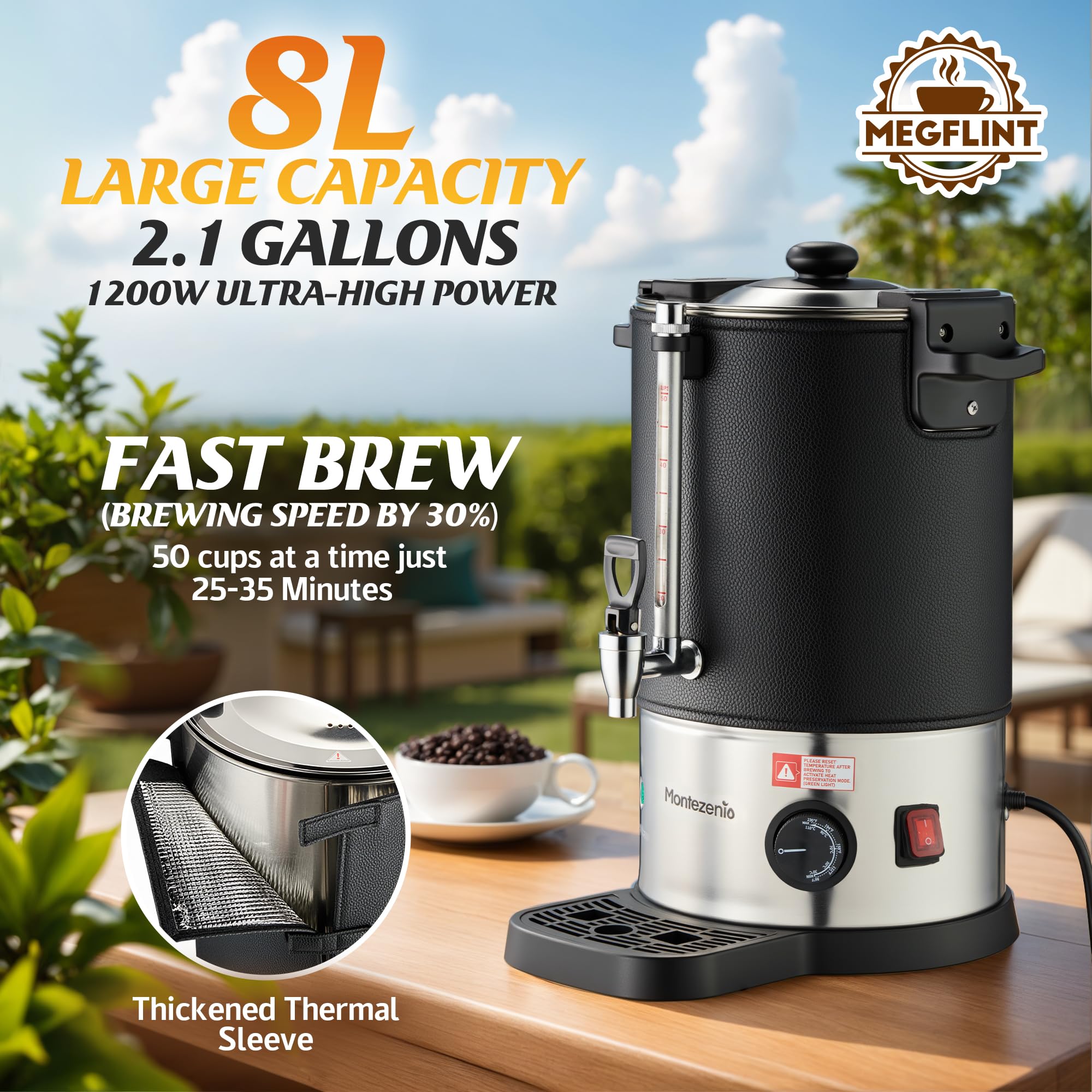 50-Cup Commercial Coffee Urn Stainless Steel Double Insulated Coffee Maker with Percolator System & Temp Control Function - Ideal for Events, Offices