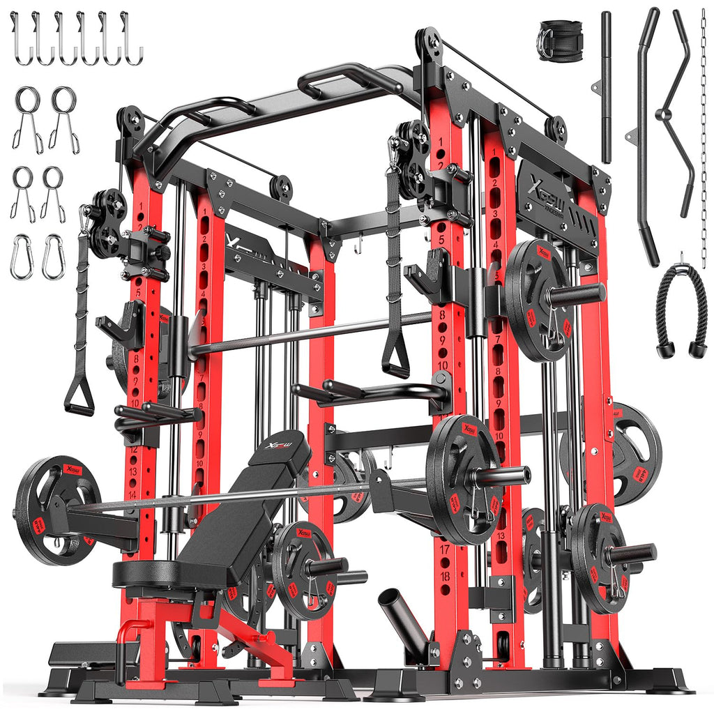 Smith Machine with Cable Crossover System, Multi-Function Power Cage Squat Rack for Home Gym, Power Rack and Packages Weight Sets.