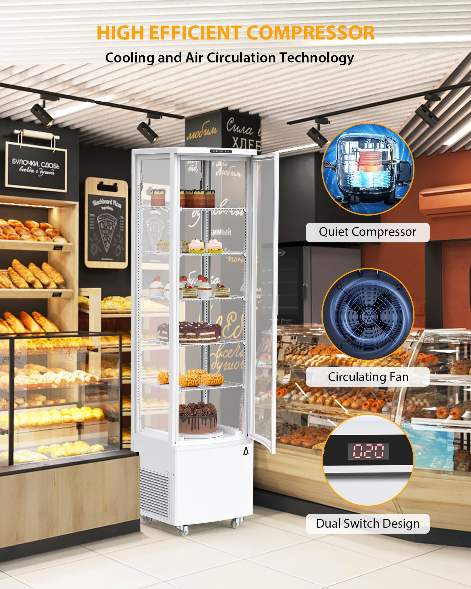 Commercial Display Refrigerator, 3.5 cu. ft./98 Liter Countertop Refrigerated Cake Display Cabinet, Refrigerator with Adjustable Shelves and Digital Controls, LED Display, For Cafes, Bakeries, White