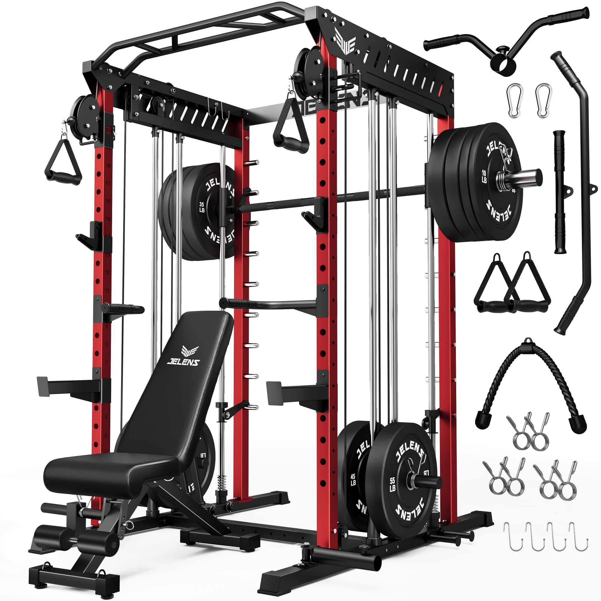 JELENS M21 Smith Machine, Multi-Function Power Cage with Dual Pulley Cable Crossover System, 2000LBS All-in-One Squat Rack with Smith Bar and Attachments for Home Gym