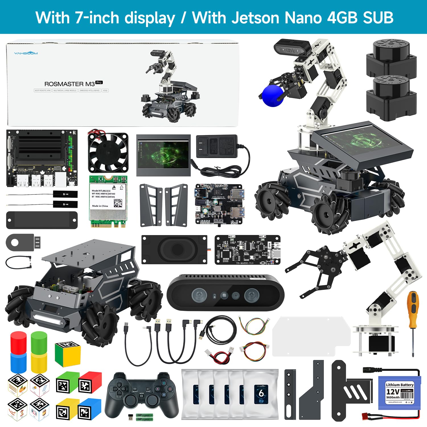 Yahboom ROS2 Robot Kit with Jetson Orin Nano 8GB Super Large AI Model with 6DOF Robotic Arm, 7-inch HD Display,AI Voice Interaction Module Provides AI Vision App Control