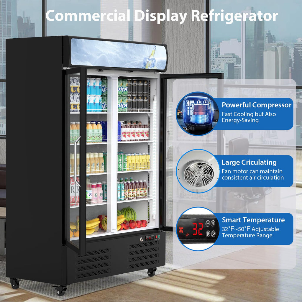 IDEALHOUSE Commercial Refrigerator, Commercial Merchandiser 26.8 Cu Ft Refrigerator, Refrigerator with 2 Glass Door and LED Light, Large Business Cooler for Home Restaurant Grocery Stores