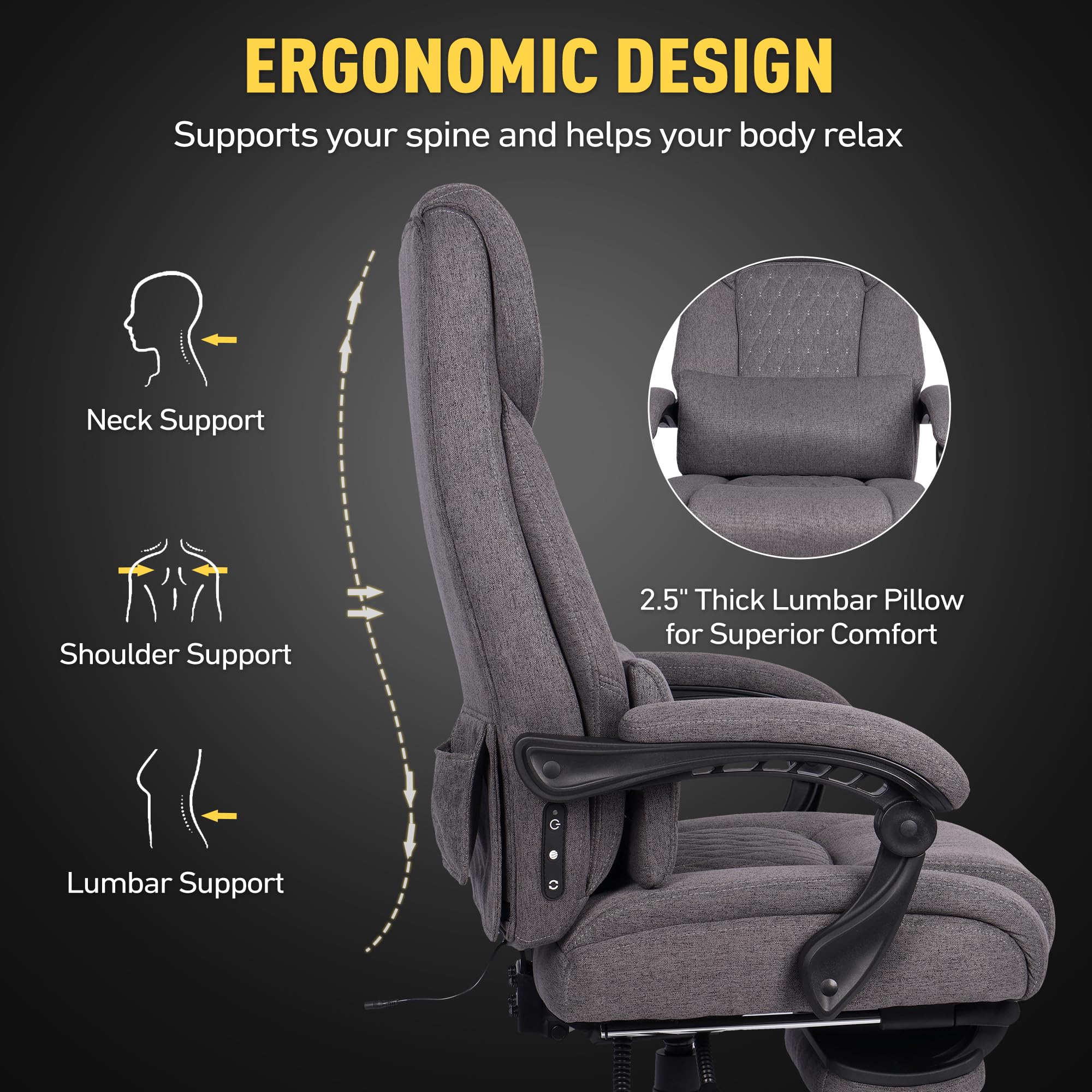 3D Kneading Massage Office Chair with Heat, 500 lbs Big and Tall Executive Computer Desk Recliner, Leather Electric Heated Chair with Footrest, Black