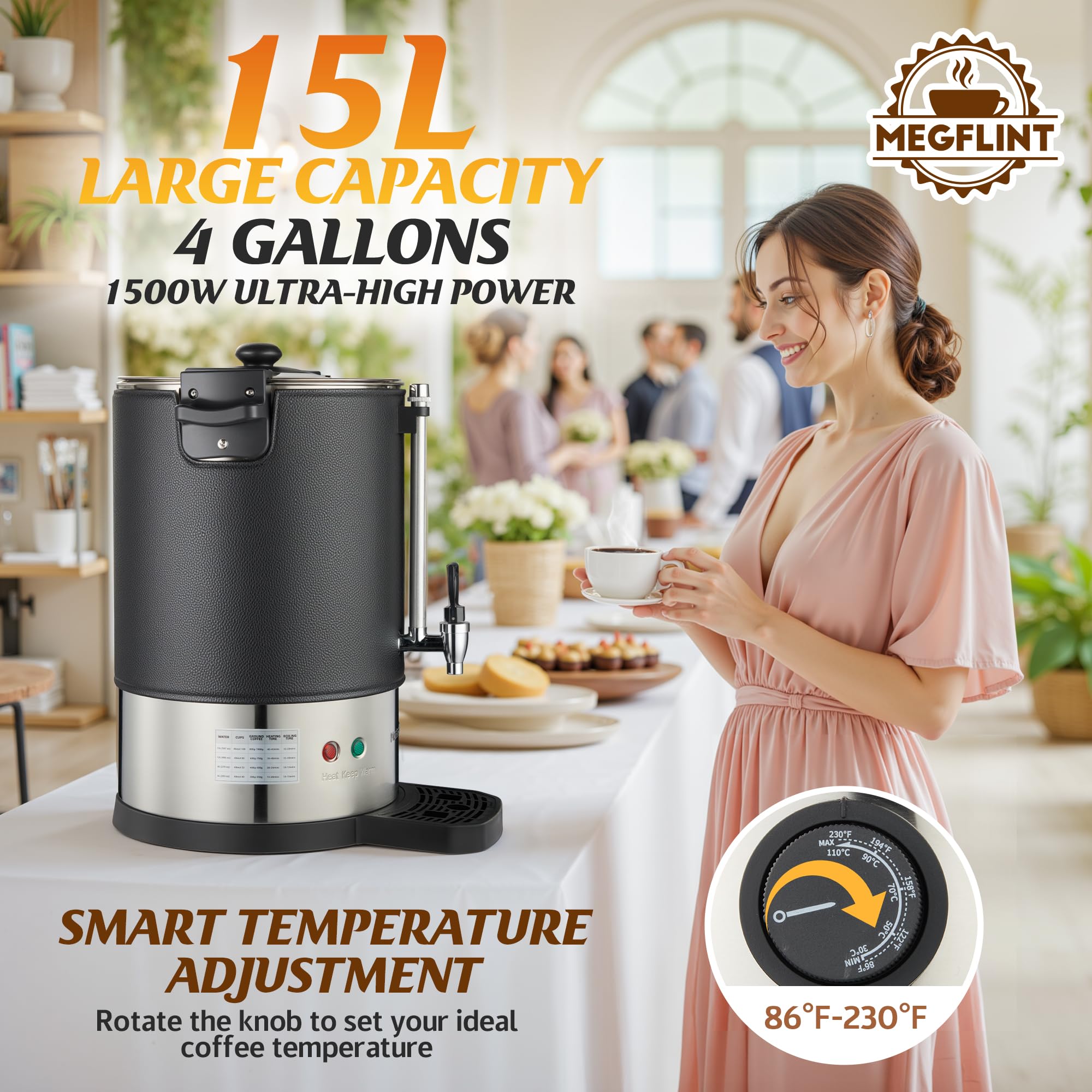 50-Cup Commercial Coffee Urn Stainless Steel Double Insulated Coffee Maker with Percolator System & Temp Control Function - Ideal for Events, Offices