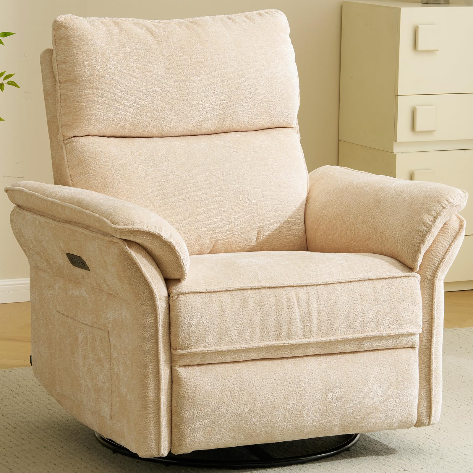 Oversized Rocking Chair Nursery with Massage and Heat, Glider Recliner Nursery Chair with Adjustable Headrest, Power Swivel Rocker Recliner Chair with USB Port, Dark Grey