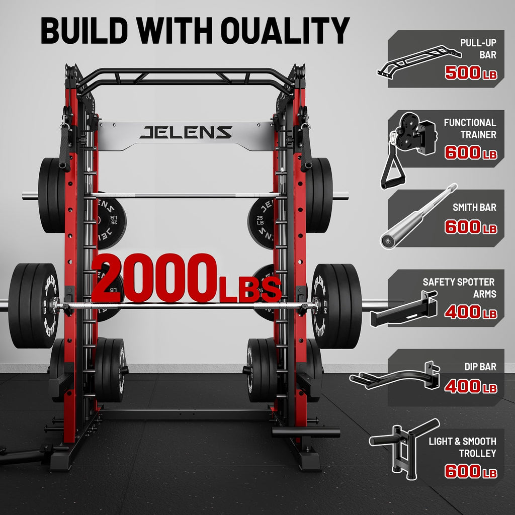JELENS Smith Machine for Home Gym, Multi-Function M12 Power Cage with Cable Crossover System, Squat Rack with Smith Bar and More Attachment
