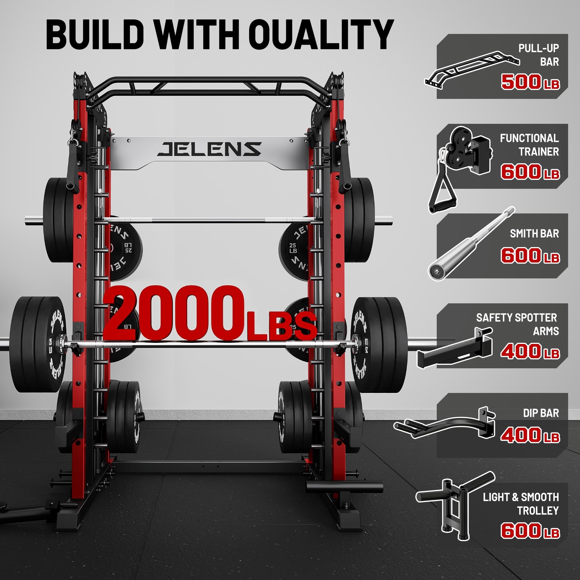 JELENS Smith Machine for Home Gym, Multi-Function M12 Power Cage with Cable Crossover System, Squat Rack with Smith Bar and More Attachment