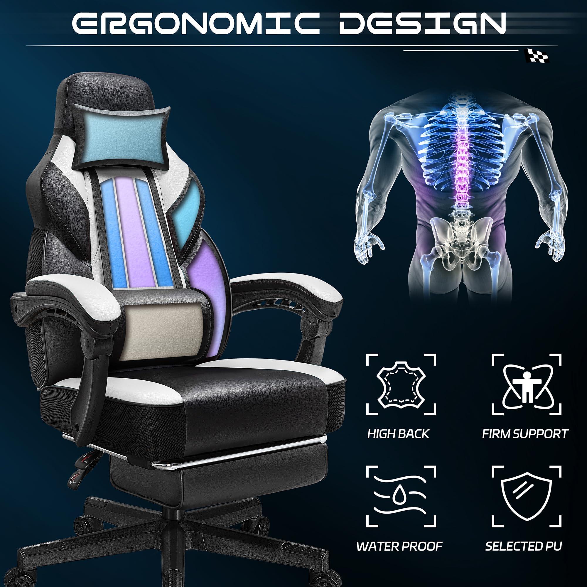 Gaming Chair for Adult, Computer Chair with Footrest Video Game Chair Big and Tall Gaming Chair with Massage Lumbar Support, Adjustable Height and 360° Swivel Seat(Grey)