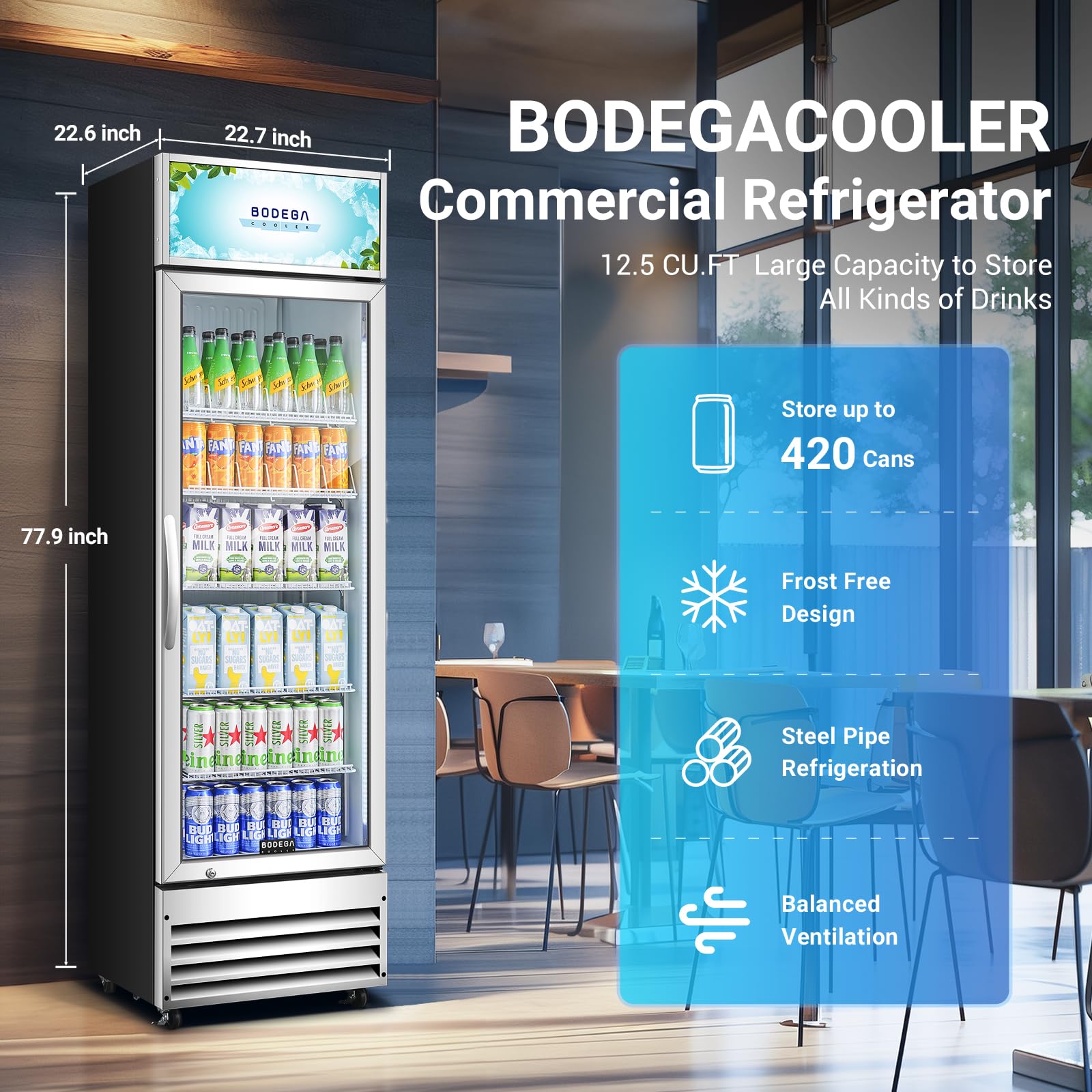BODEGACOOLER Commercial Merchandiser Refrigerator, 27.02 Cu.Ft Double Glass Door Beverage Cooler, Upright Display Refrigerator with Soft LED Light, Adjustable Shelves, 4 Heavy-Duty Casters, Black