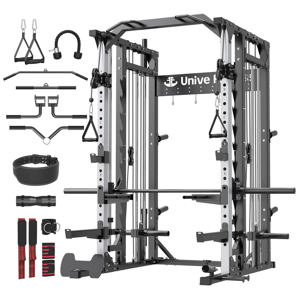 Unive Fitness Smith Machine, Commercial-Grade All-in-One Home Gym Power Cage with Squat Rack, Dual Cable Crossover & Pulley System, Complete Attachments for Full Body Workouts