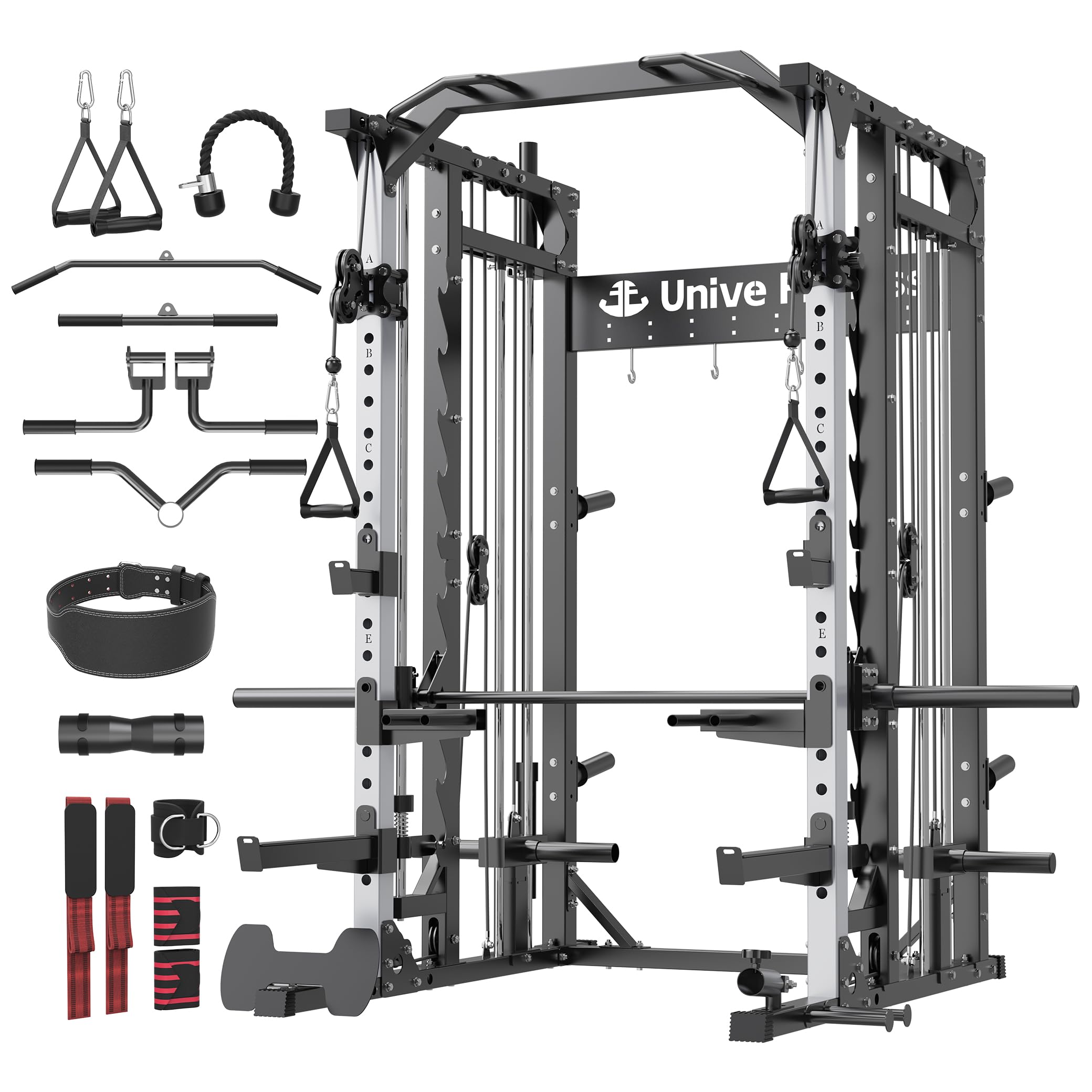 Unive Fitness Smith Machine, Commercial-Grade All-in-One Home Gym Power Cage with Squat Rack, Dual Cable Crossover & Pulley System, Complete Attachments for Full Body Workouts