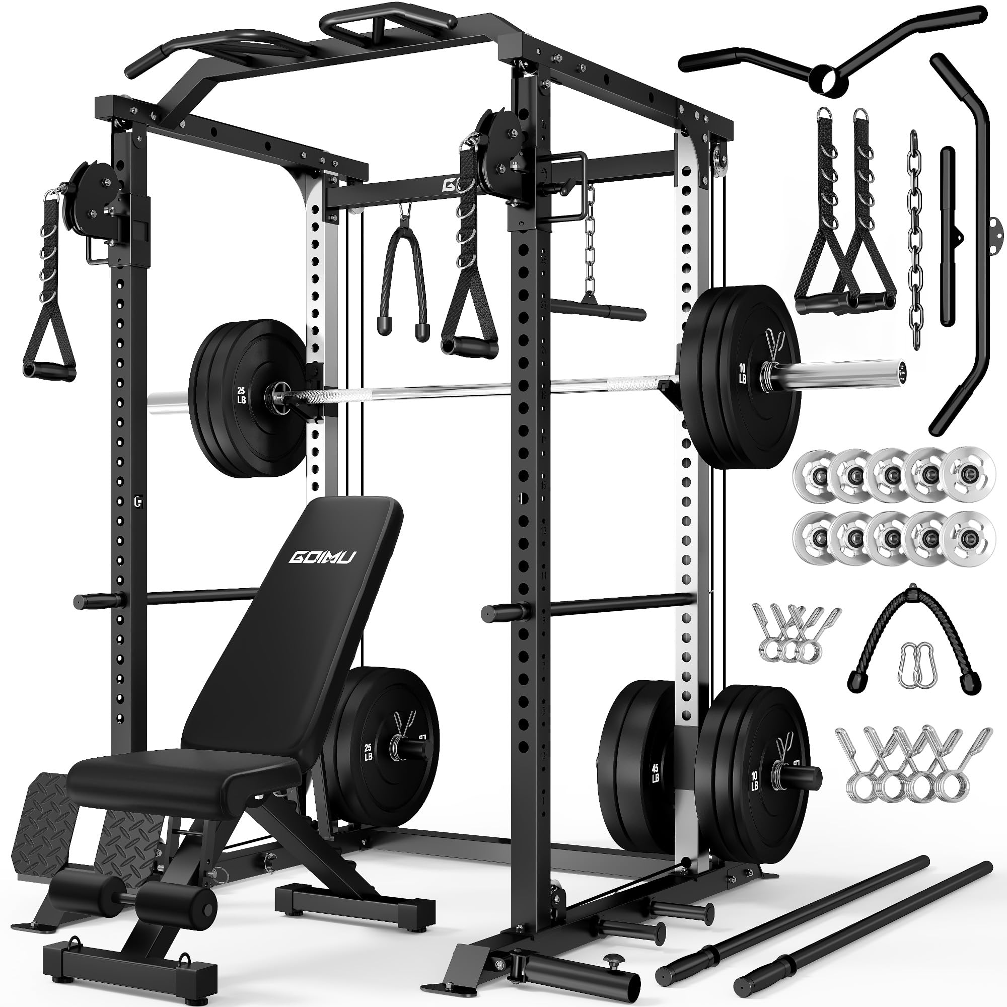 DP01 Power Cage, 2000LBS Squat Rack with with Cable Crossover and Dual Independent Pulley System, Full Cage for Full Body Training, Power Rack with More Training Attachments for Home Gym