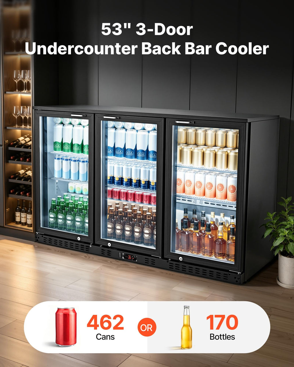 VEVOR Back Bar Cooler, 11.8 Cu. Ft Counter Height Beverage Refrigerator, Commercial Display Fridge w/ 2 Glass Doors, LED Lighting, Shelves, Fan Cooling Beer Wine Cooler for Pub, Merchandiser, Office