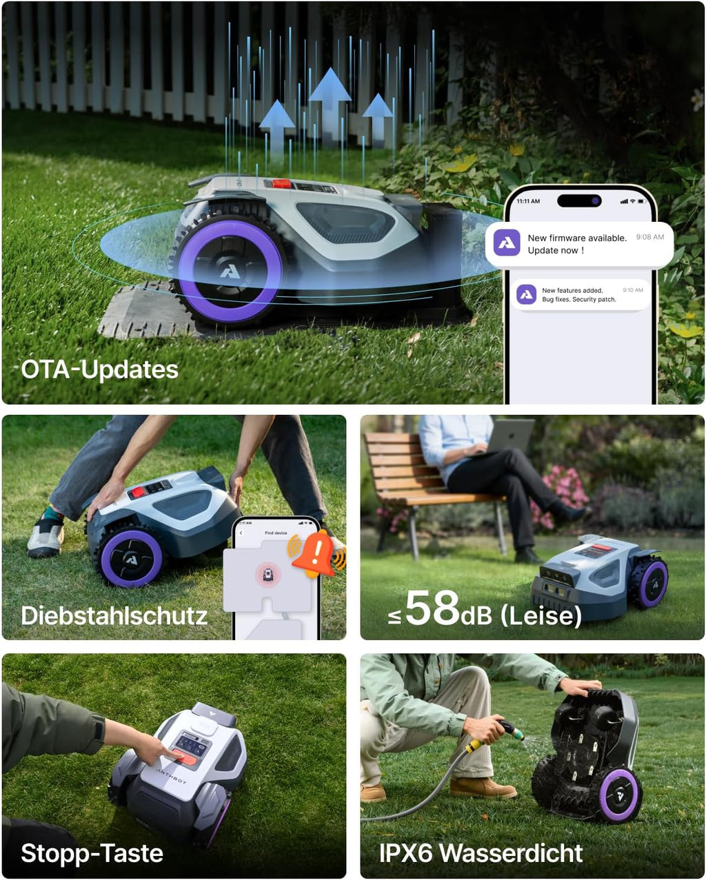 ANTHBOT M5 Robot Lawn Mower Perimeter Wire Free 1/8 Acre Dual RTK+Dual Vision Robotic Lawnmower, AI-Assisted Mapping, Virtual Boundary, APP Control, 58dB(A) Quiet, Multi-Zone Management