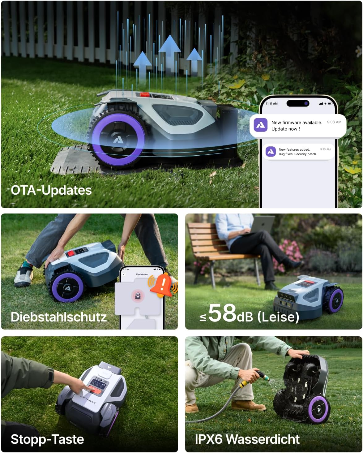 ANTHBOT M5 Robot Lawn Mower Perimeter Wire Free 1/8 Acre Dual RTK+Dual Vision Robotic Lawnmower, AI-Assisted Mapping, Virtual Boundary, APP Control, 58dB(A) Quiet, Multi-Zone Management