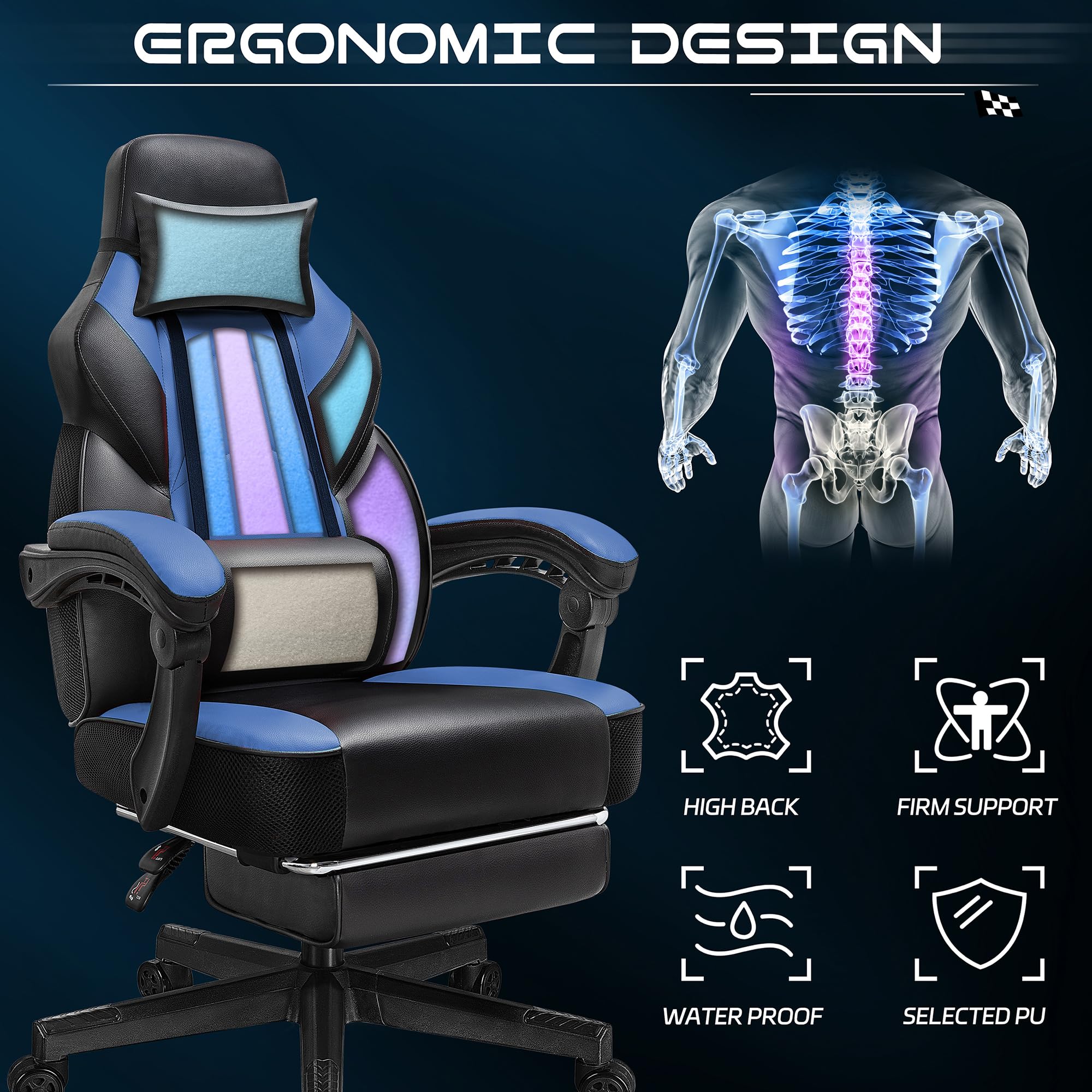 Gaming Chair for Adult, Computer Chair with Footrest Video Game Chair Big and Tall Gaming Chair with Massage Lumbar Support, Adjustable Height and 360° Swivel Seat(Grey)