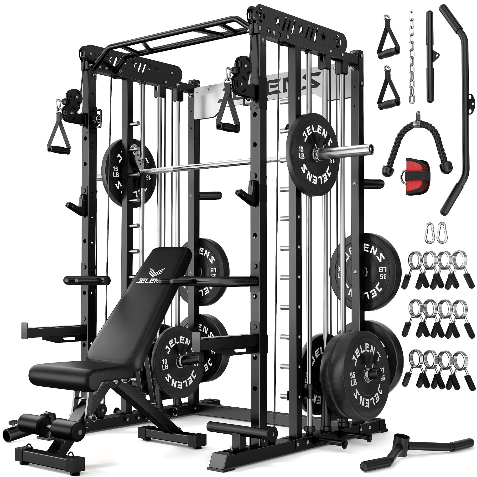JELENS Smith Machine for Home Gym, Multi-Function M12 Power Cage with Cable Crossover System, Squat Rack with Smith Bar and More Attachment