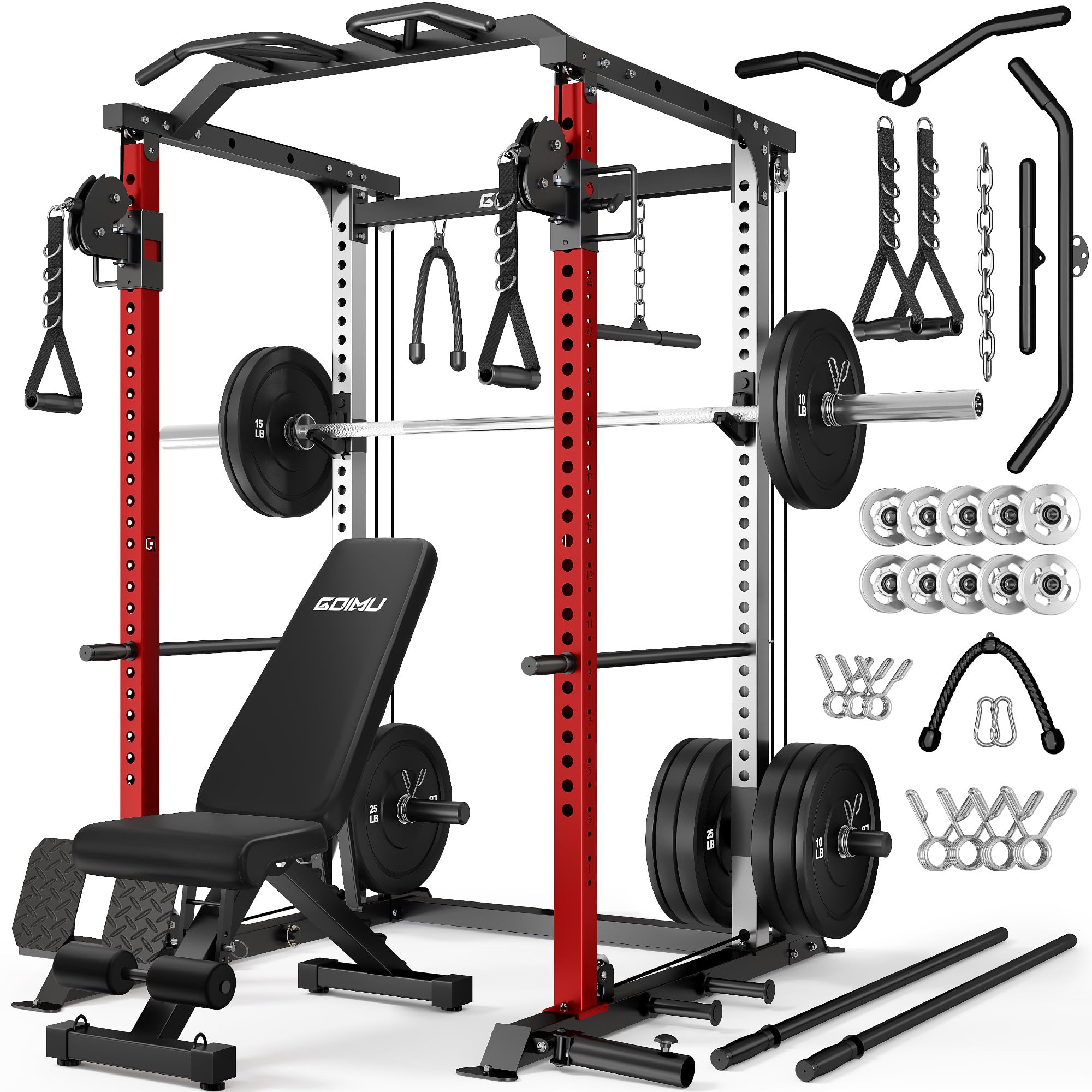 DP01 Power Cage, 2000LBS Squat Rack with with Cable Crossover and Dual Independent Pulley System, Full Cage for Full Body Training, Power Rack with More Training Attachments for Home Gym