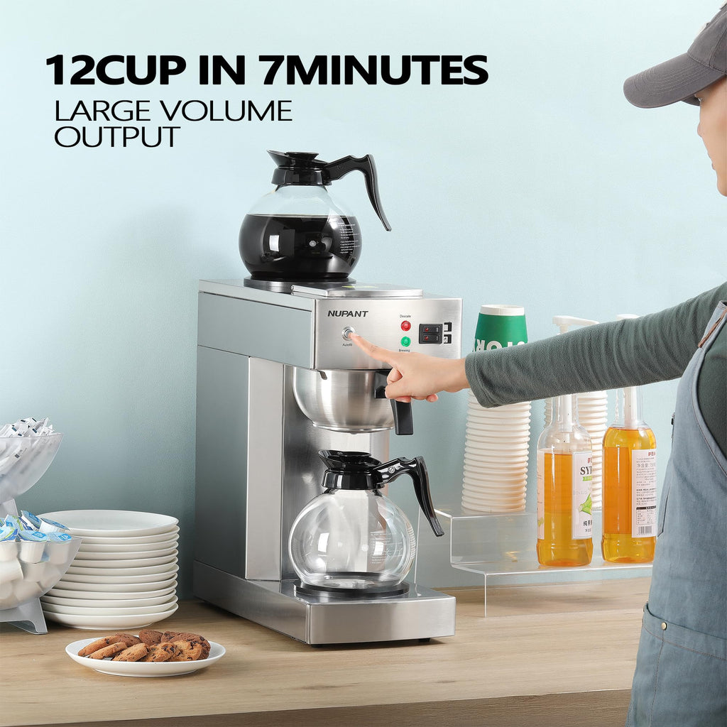 NUPANT Dual Drip Commercial Coffee Maker with Water Line 200 Cup/H 7.2L Auto-Filling Drip Coffee Maker Machine with 4 Carafes & 4 Warmers Stainless Steel Pour over Double Coffee Brewer for Restaurant