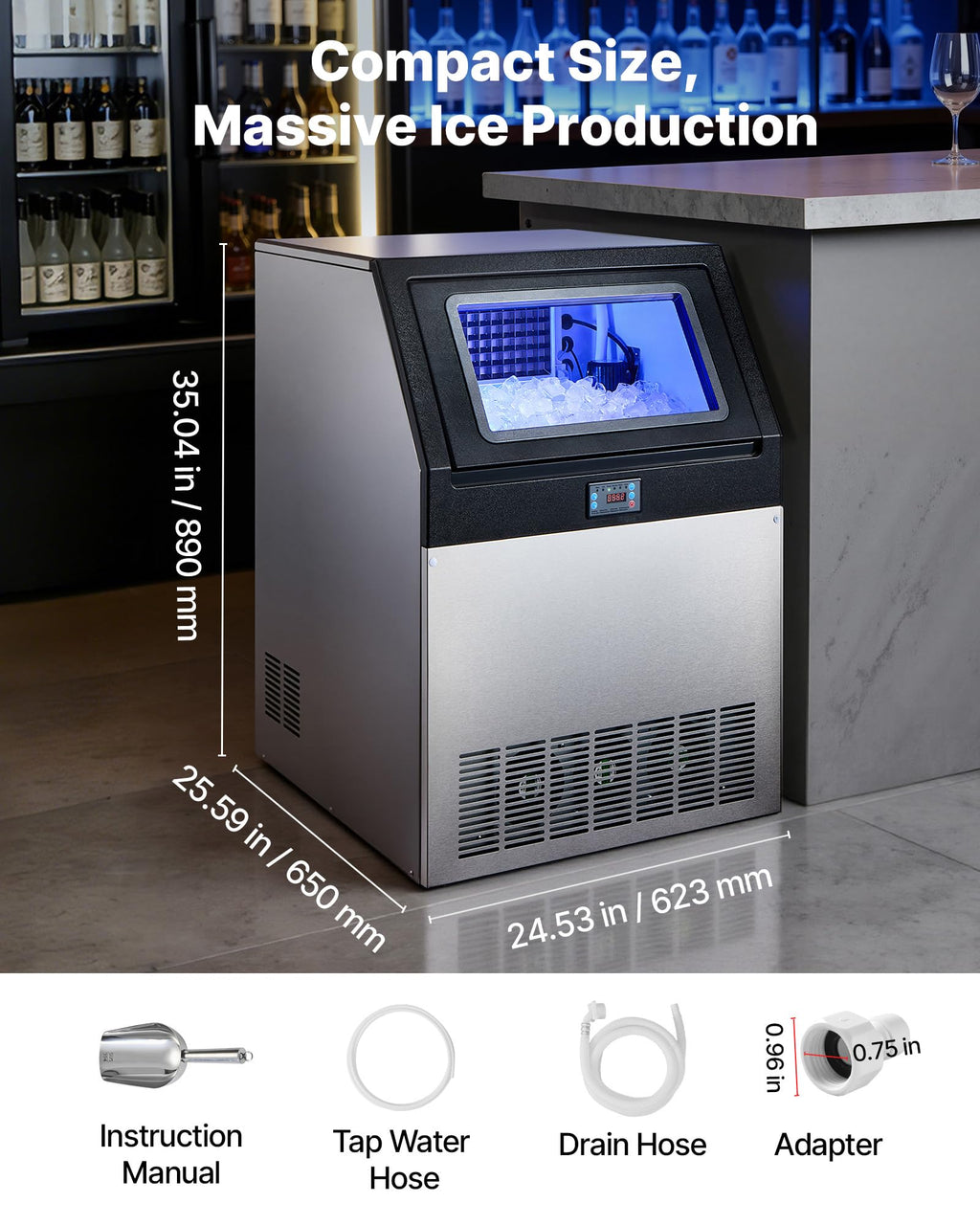 VEVOR Commercial Ice Maker Machine, 100 lbs/24h with 30-35 lbs Storage, Bullet Ice,Built-in/Freestanding/Under Counter, Stainless Steel Ice Maker with LED Display for Home Bar Restaurant