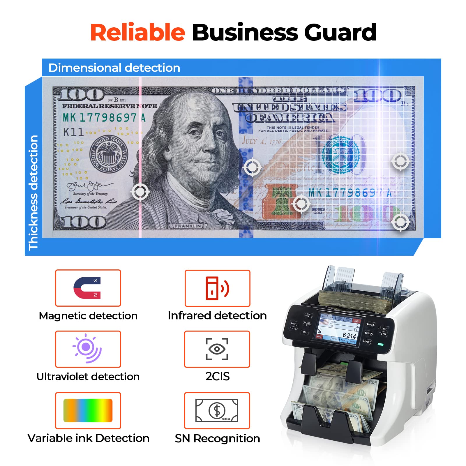MUNBYN 2-Pocket Money Counter Machine Mixed Denomination, Money Sorter, Built-in Printer, Sort on DENOM/FACE/ORI, Value Counting, 2 CIS/UV/MG/IR Counterfeit Detection, Touch Screen, 2Y Protection