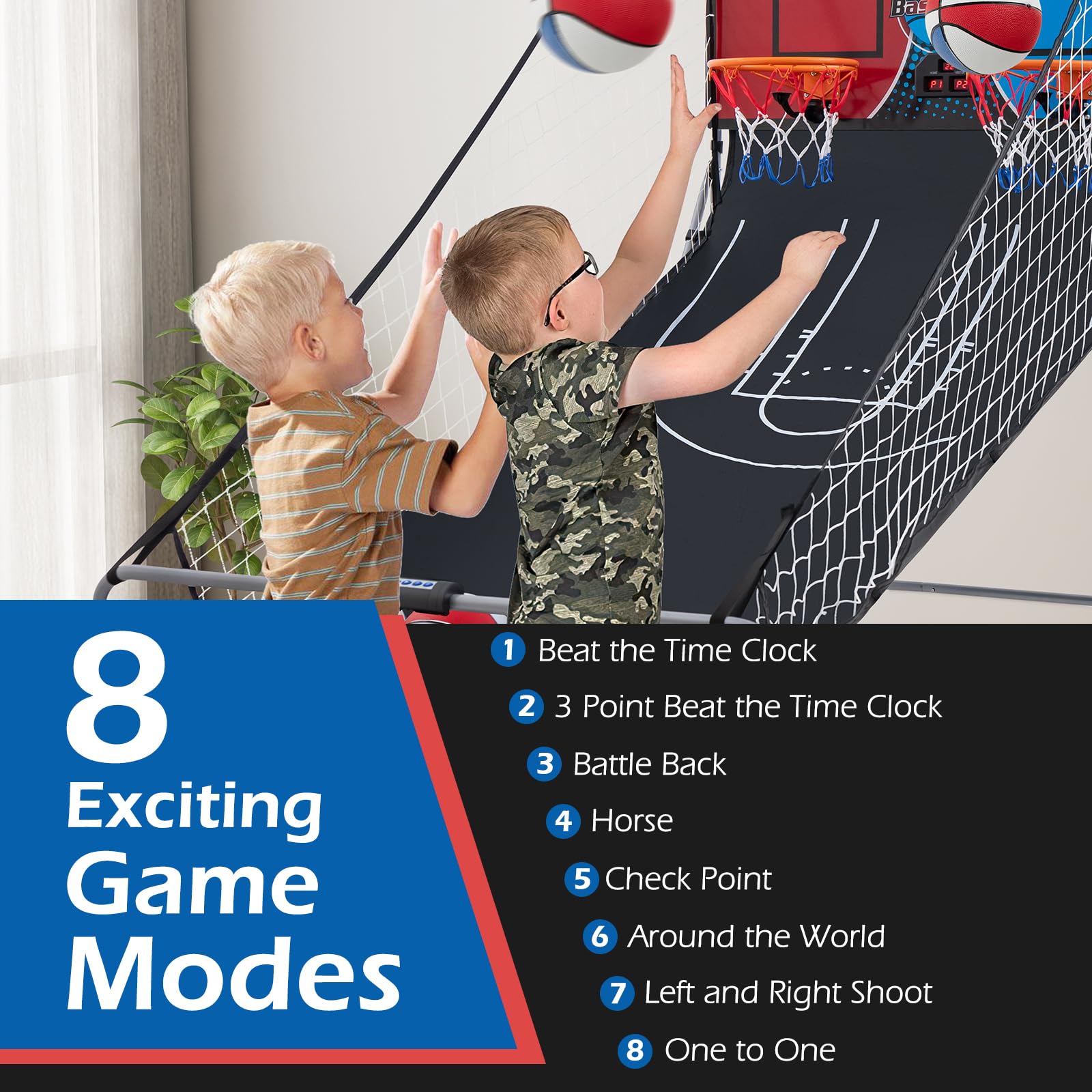 GYMAX Arcade Basketball Game Indoor Foldable with 8 Game Modes, Arcade Sound, 4 Balls and Inflation Pump, Electronic Basketball Games for Home