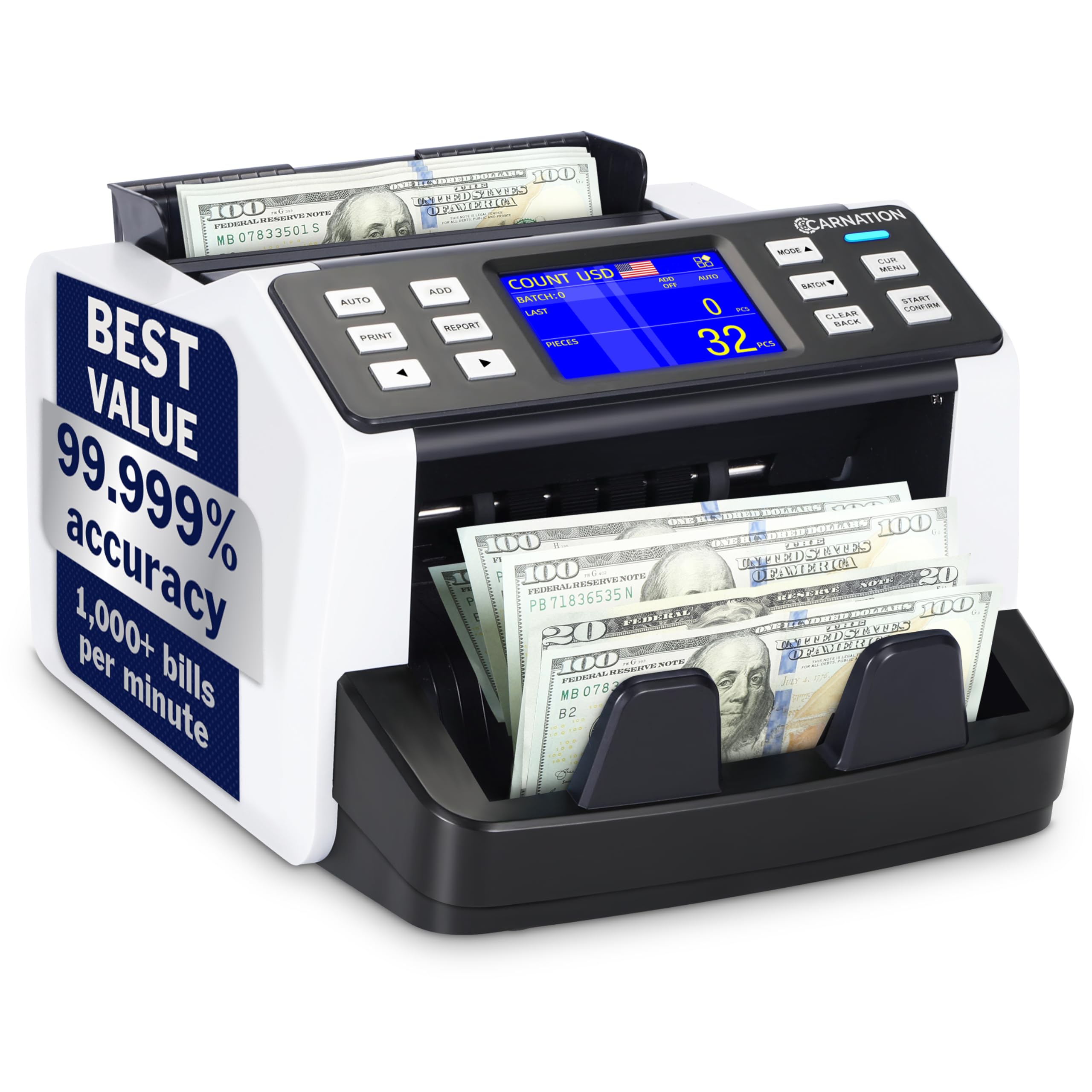 Carnation Money Counter Machine Cash Counting & Mixed Denomination Bill Counter, Portable Currency Detector, Counterfeit Bank Scanner, Dollar Sorter for Commercial, 1100 N/M, UV/MG/MT/IR/2CIS