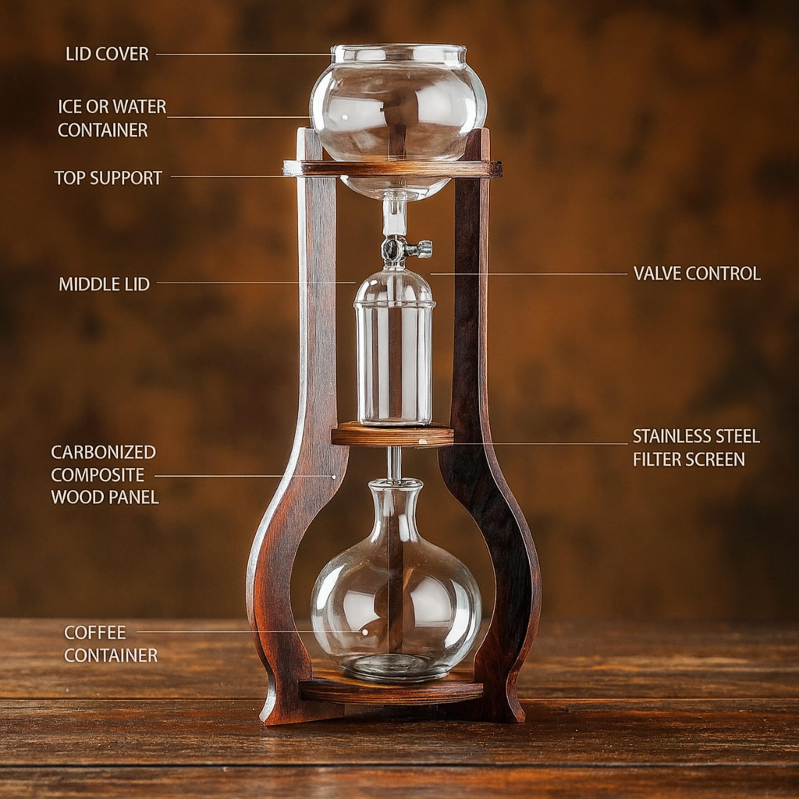 Nispira Cold Brew Drip Tower Iced Coffee Maker Glass Wooden Stand 25 Cups